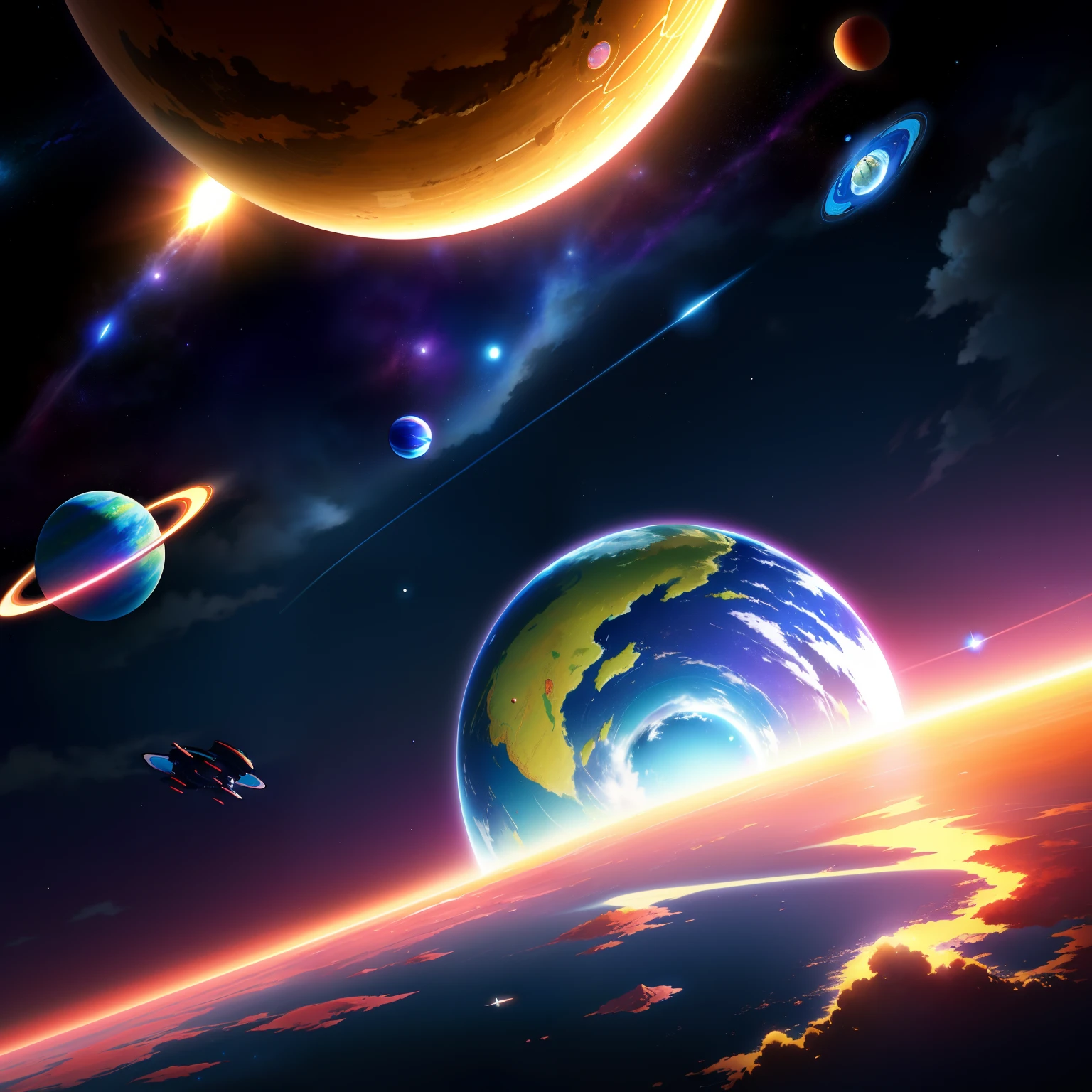 Anime-style poster、It depicts two contrasting planets and a futuristic space landscape ,One planet is dark and dead, The other is bright and lively. Different planets and stars on background、Gives the viewer a sense of endless space and adventure waiting for the protagonist. Gentle colors