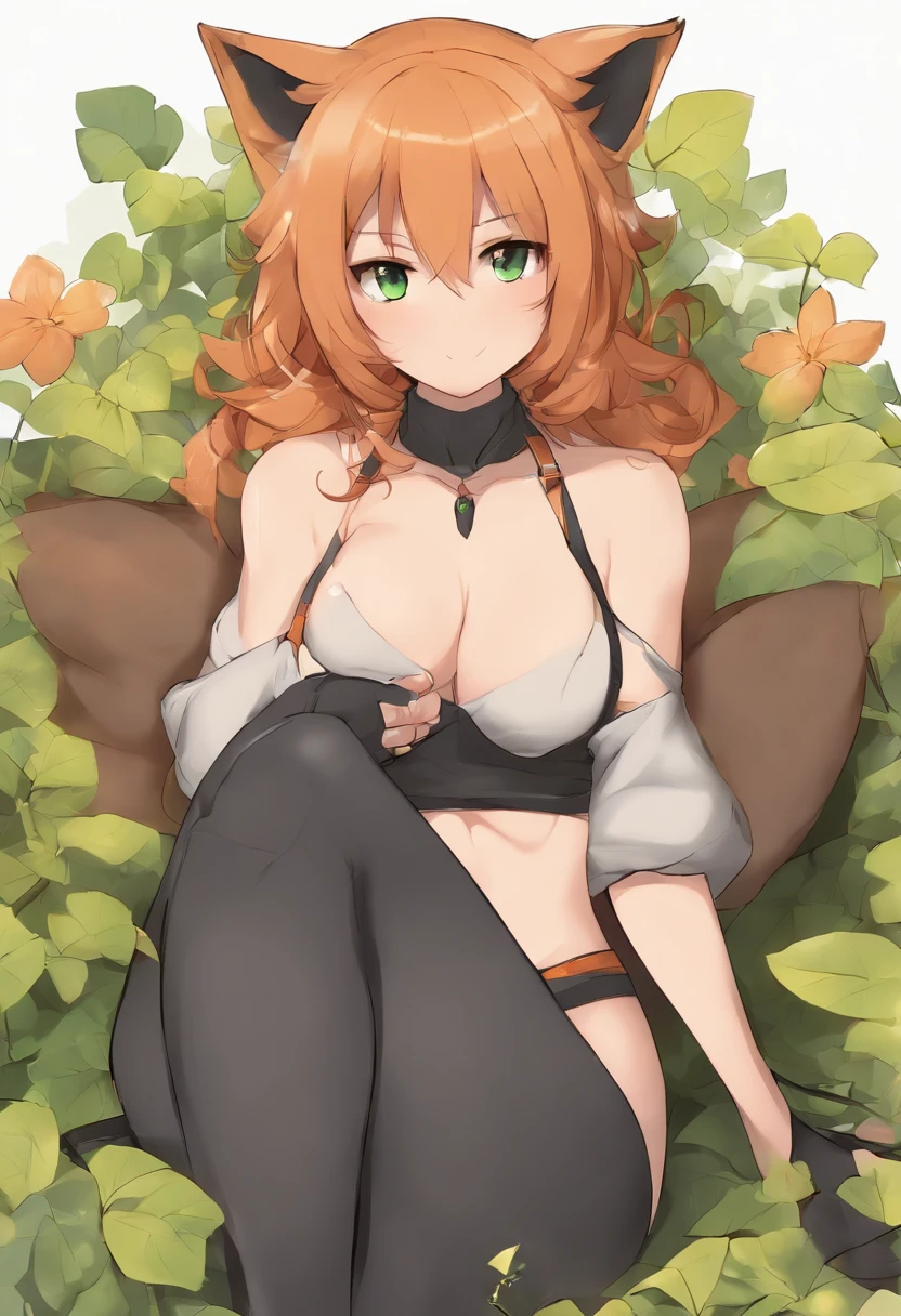 1girll, Bed_gauges, black_legwear, Blush, Breasts, cleavage, 鎖骨, Covered with, Covered with_Breasts, Crossed_Arms, Green_Eyes, mediating_Breasts, Misty_(Pokemon), navel, , Orange_Hair, short_Hair, Side_pony tails, signatures, Sitting, Solo, upper legs, Topless,