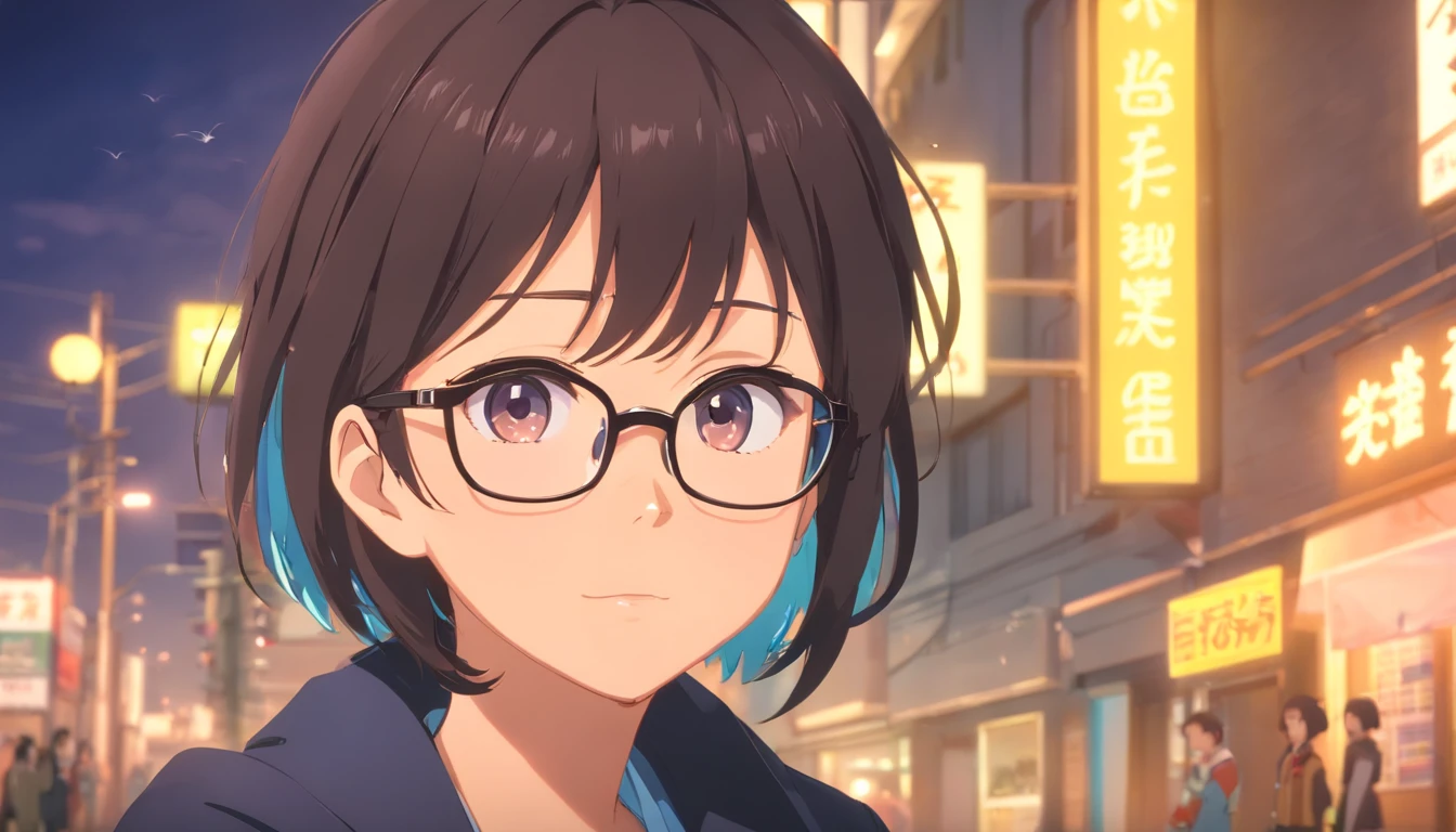 (masutepiece, Best Quality, Capture super cute moments, depth of fields, ultra-detailliert, Ultra High Resolution, C4D, Octadale, 3D Modeling, 8K, 16 K, one girls、a junior high school student、A dark-haired、short-hair、straight haired、Light brown eyes,hair adornments、wearing black glasses、Cute face), blazers