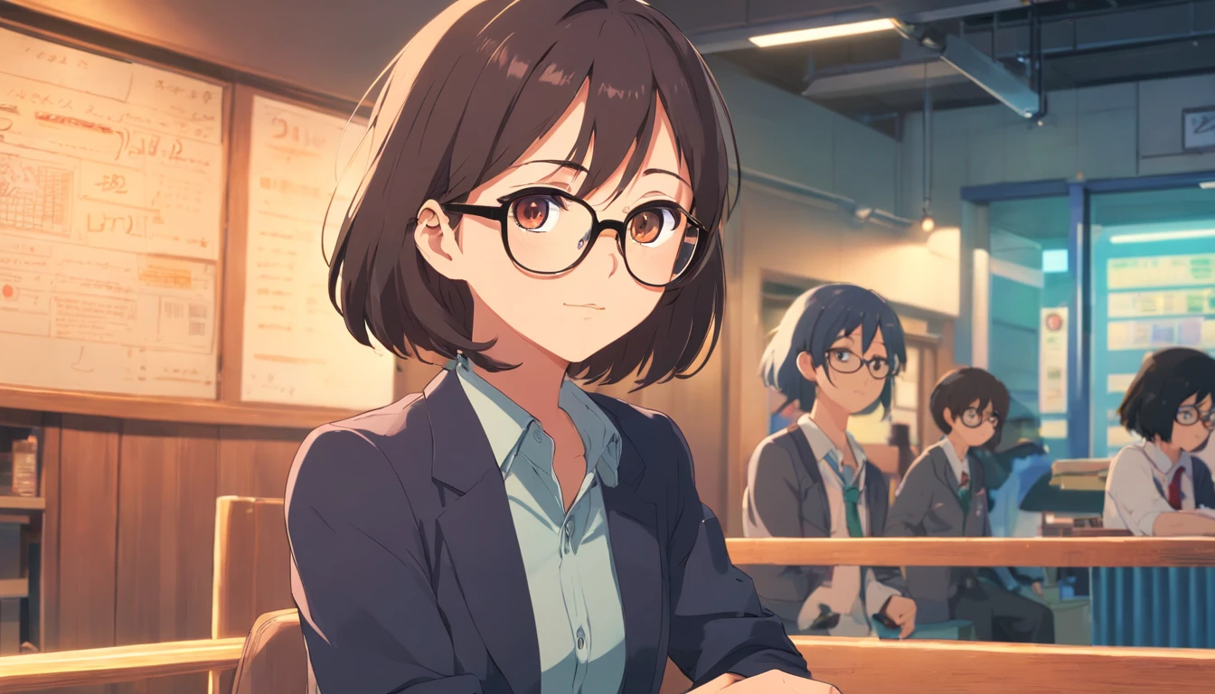 (masutepiece, Best Quality, Capture super cute moments, depth of fields, ultra-detailliert, Ultra High Resolution, C4D, Octadale, 3D Modeling, 8K, 16 K, one girls、a junior high school student、A dark-haired、short-hair、straight haired、Light brown eyes,hair adornments、wearing black glasses、Cute face), blazers