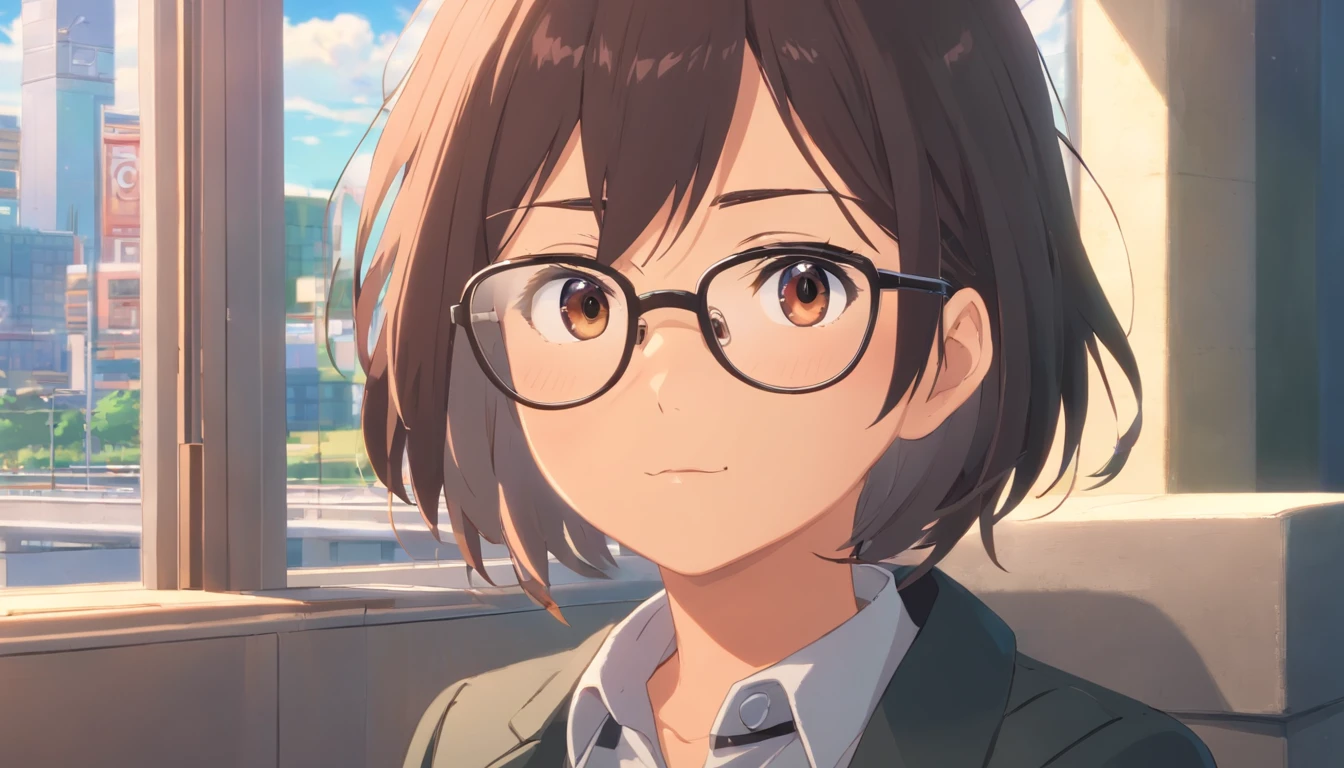 (masutepiece, Best Quality, Capture super cute moments, depth of fields, ultra-detailliert, Ultra High Resolution, C4D, Octadale, 3D Modeling, 8K, 16 K, one girls、a 、A dark-haired、short-hair、straight haired、Light brown eyes,hair adornments、wearing black glasses、Cute face), blazers