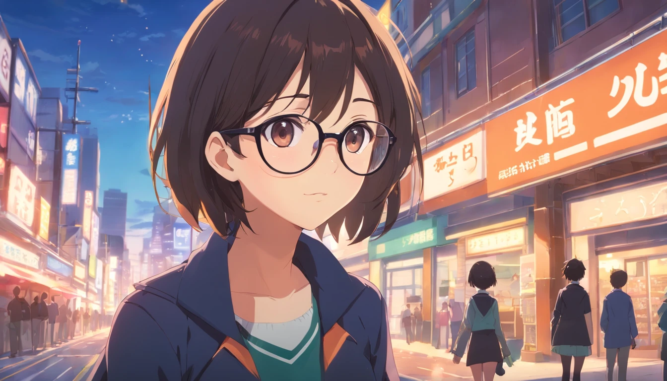 (masutepiece, Best Quality, Capture super cute moments, depth of fields, ultra-detailliert, Ultra High Resolution, C4D, Octadale, 3D Modeling, 8K, 16 K, one girls、a junior high school student、A dark-haired、short-hair、straight haired、Light brown eyes,hair adornments、wearing black glasses、Cute face), blazers
