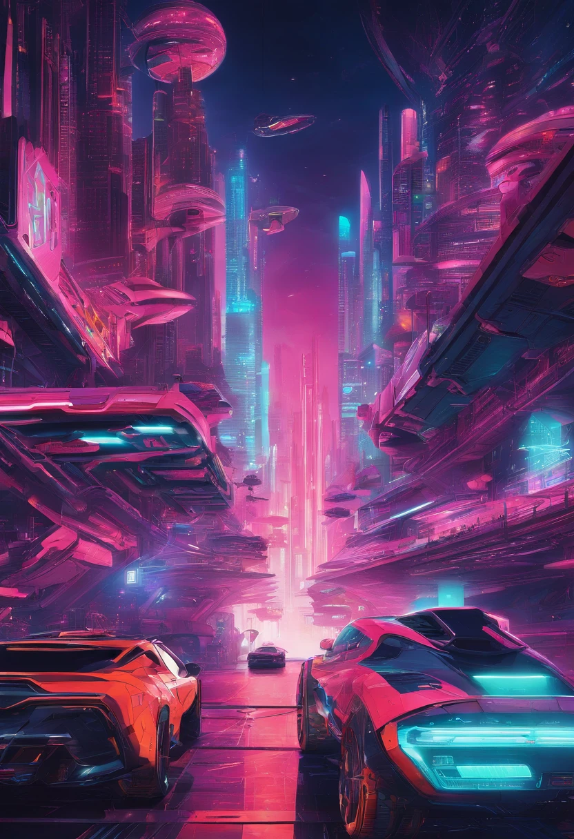 Cyber punk sci-fi City with neon lights and flying cars
