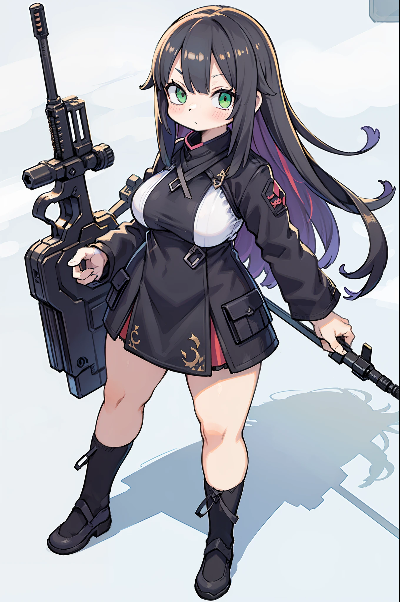Hold a giant sniper rifle、Long sideburns、Anime-style girl with beautiful whole body, ,clean detailed faces, ciber,analogous colors, Glowing shadows, beautiful gradients, depth of fields, CLEAN IMAGE, High quality,Black Parker Closing、 high detailing, High Definition, blush, Fit, Heavenly Beauty, Very detailed, Soft lighting, Full body,Green&Black hair,Green eyes、