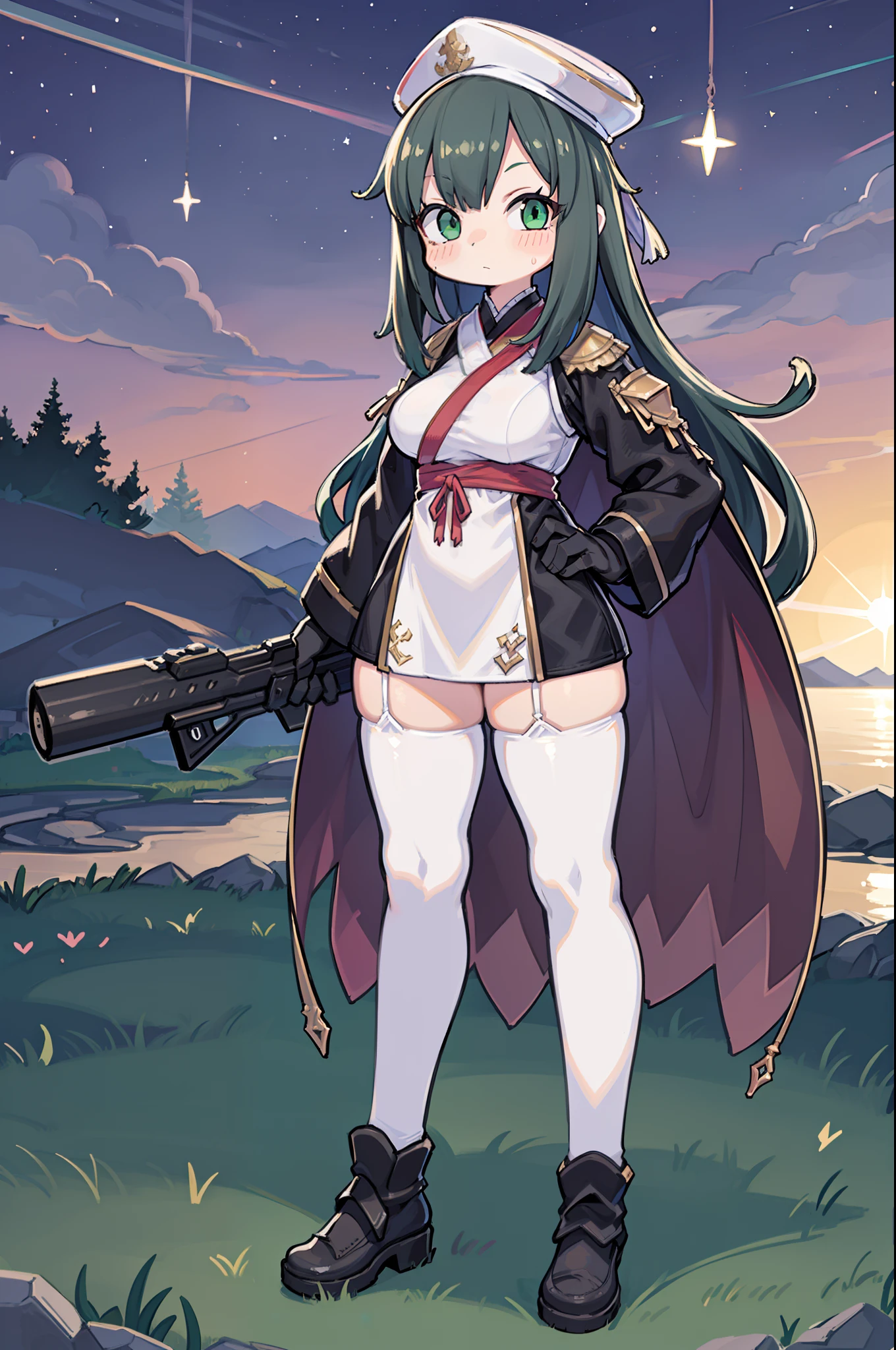 Hold a giant sniper rifle、Long sideburns、Anime-style girl with beautiful whole body, Little Girl,clean detailed faces, ciber,analogous colors, Glowing shadows, beautiful gradients, depth of fields, CLEAN IMAGE, High quality,Black Parker Closing、 high detailing, High Definition, blush, Fit, Heavenly Beauty, Very detailed, Soft lighting, Full body,Green&Black hair,Green eyes、
