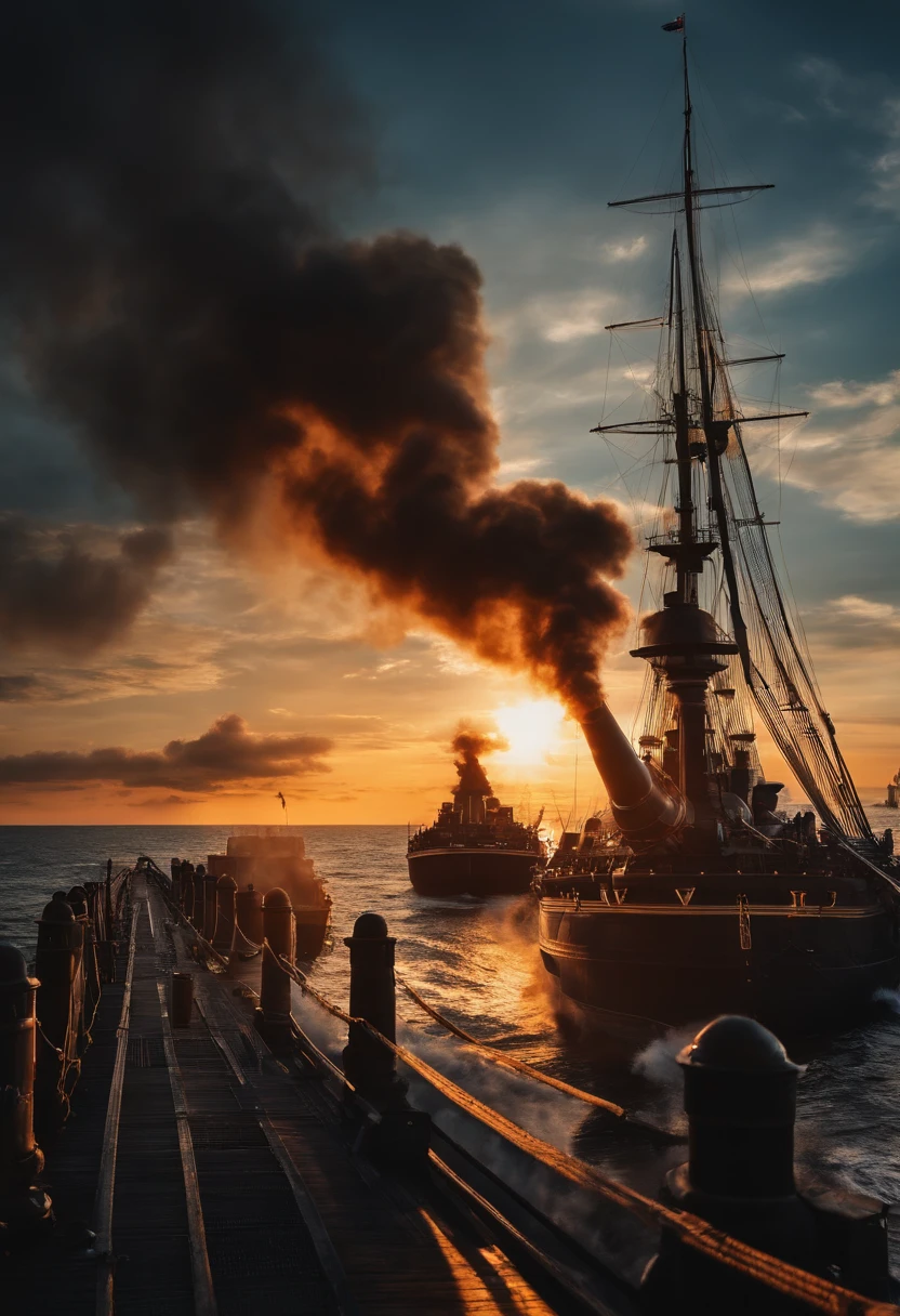 You can see the whole picture of the battleship、Top image quality、top-quality、Black smoke is coming out of the chimney、The gun is on the ship、The sea is blue、the setting sun、Fire is coming out of the bridge