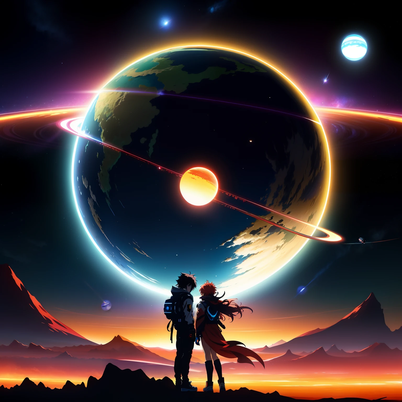 Anime-style poster、It depicts two contrasting planets and a futuristic space landscape ,One planet is dark and dead, The other is bright and lively. Different planets and stars on background、Gives the viewer a sense of endless space and adventure waiting for the protagonist.  Gentle colors