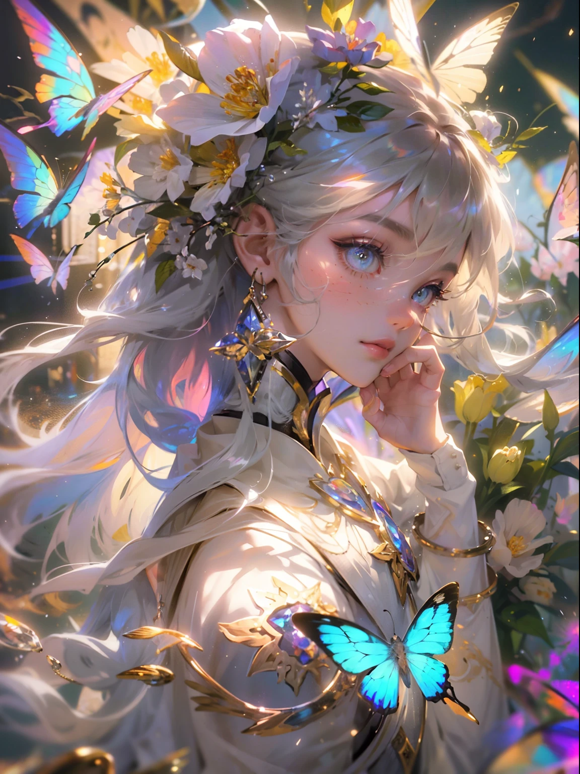 (((Masterpiece))), (((Best quality))), ((Ultra-detailed)),(Highly detailed CG illustration), ((An extremely delicate and beautiful)),Cinematic light, Create stunning fantasy artwork,Fairy fantasy,the Flower Fairy,Transparent butterfly wings,Fairy stick,Lots of flowers,A skirt blown up by the wind,Fluttering strands of hair,Side Body,ventania:1.3,dyna,Brightly colored,Exudes an aura of mystery and magic. Pay close attention to intricate facial features, For example, mesmerizing eyes,ssmile,brightly, The character's clothes should be designed to be as light as the wings of a cicada, Subtle iridescent details. Blend in with fantastic colors, Dynamic lighting, and detailed background elements,Consider the latest trends in fantasy art, such as incorporating unique lighting effects, Explore dynamic and engaging composition techniques, And try a unique color palette. Take inspiration from top artists on ArtStation and Midjourney. camera: Choose an angle that highlights the beauty of your character,Enhance the magical majesty of the artwork. lighting: Use atmospheric lighting technology to create depth and atmosphere. Resolution: Aim for high-resolution artwork,to showcase intricate detail and clarity. Artistic inspiration: Get inspiration from popular artists on ArtStation, Explore different styles