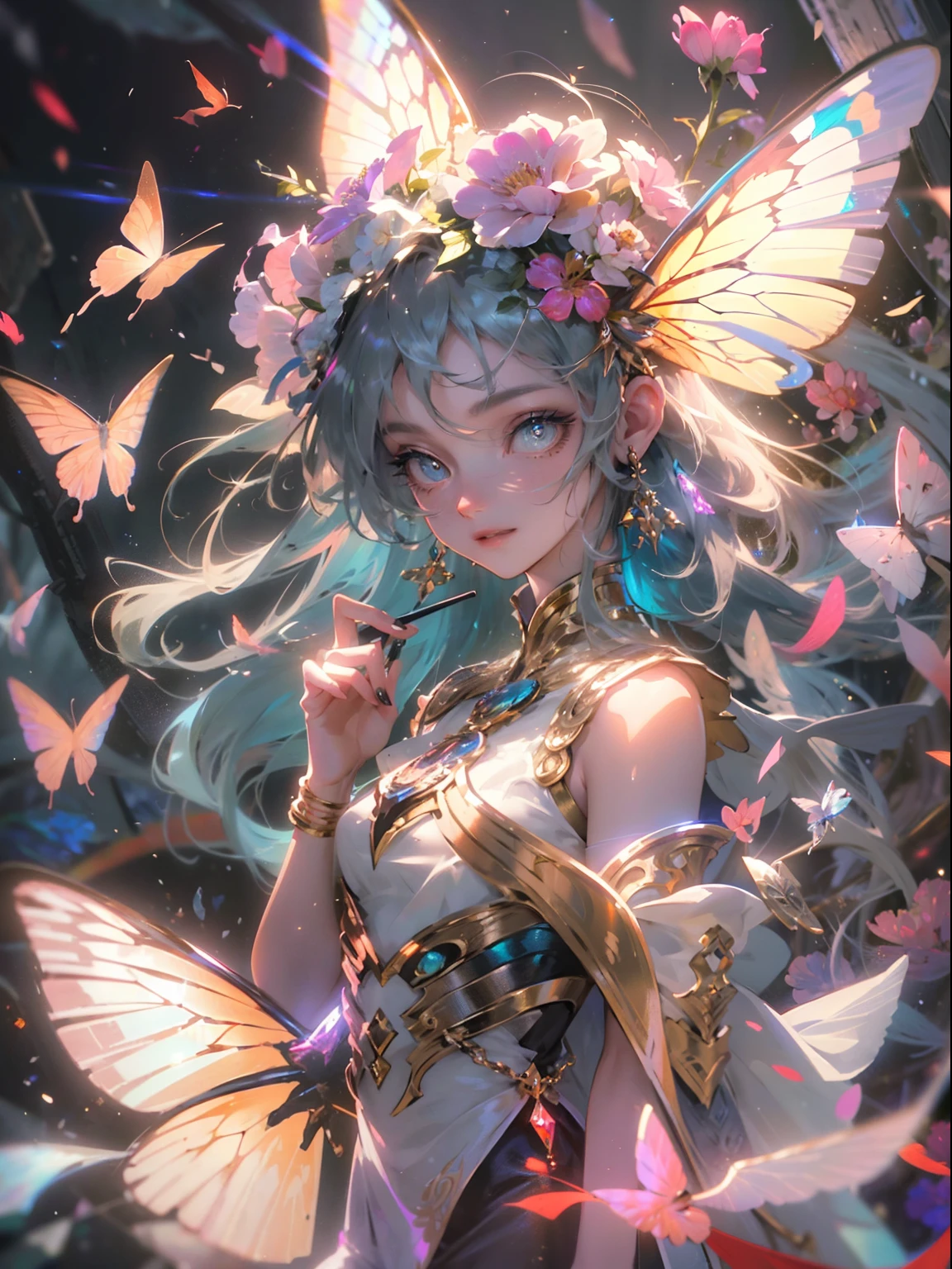 (((Masterpiece))), (((Best quality))), ((Ultra-detailed)),(Highly detailed CG illustration), ((An extremely delicate and beautiful)),Cinematic light, Create stunning fantasy artwork,Fairy fantasy,the Flower Fairy,Transparent butterfly wings,Fairy stick,Lots of flowers,A skirt blown up by the wind,Fluttering strands of hair,Side Body,ventania:1.3,dyna,Brightly colored,Exudes an aura of mystery and magic. Pay close attention to intricate facial features, For example, mesmerizing eyes,ssmile,brightly, The character's clothes should be designed to be as light as the wings of a cicada, Subtle iridescent details. Blend in with fantastic colors, Dynamic lighting, and detailed background elements,Consider the latest trends in fantasy art, such as incorporating unique lighting effects, Explore dynamic and engaging composition techniques, And try a unique color palette. Take inspiration from top artists on ArtStation and Midjourney. camera: Choose an angle that highlights the beauty of your character,Enhance the magical majesty of the artwork. lighting: Use atmospheric lighting technology to create depth and atmosphere. Resolution: Aim for high-resolution artwork,to showcase intricate detail and clarity. Artistic inspiration: Get inspiration from popular artists on ArtStation, Explore different styles