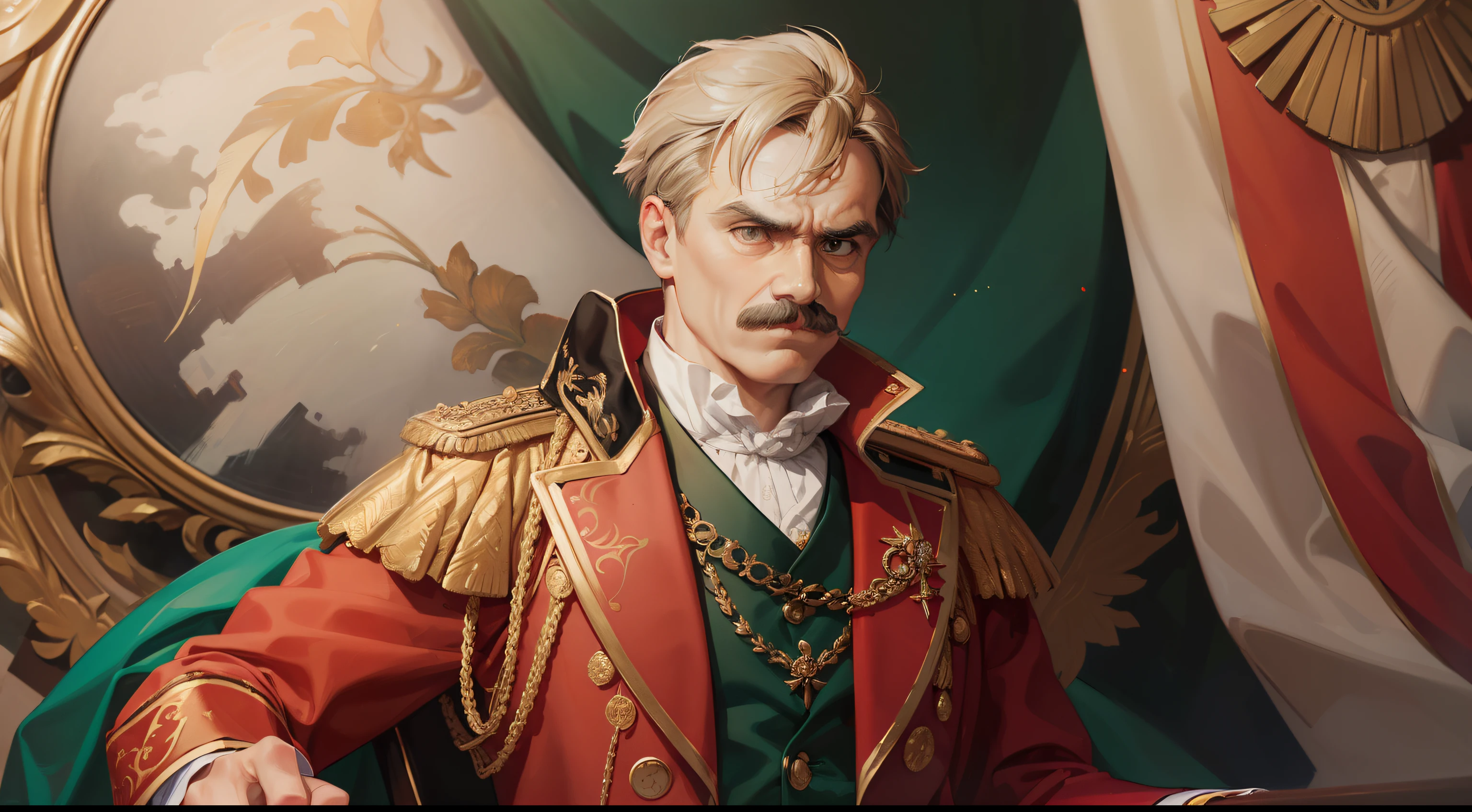 ((Friedrich Nietzsche: 1.3) best quality, altamente detalhado, Realistic portrait, hystorical painting, cores vibrantes, traje real, confident expression, historical accuracy, fundo intrincado)