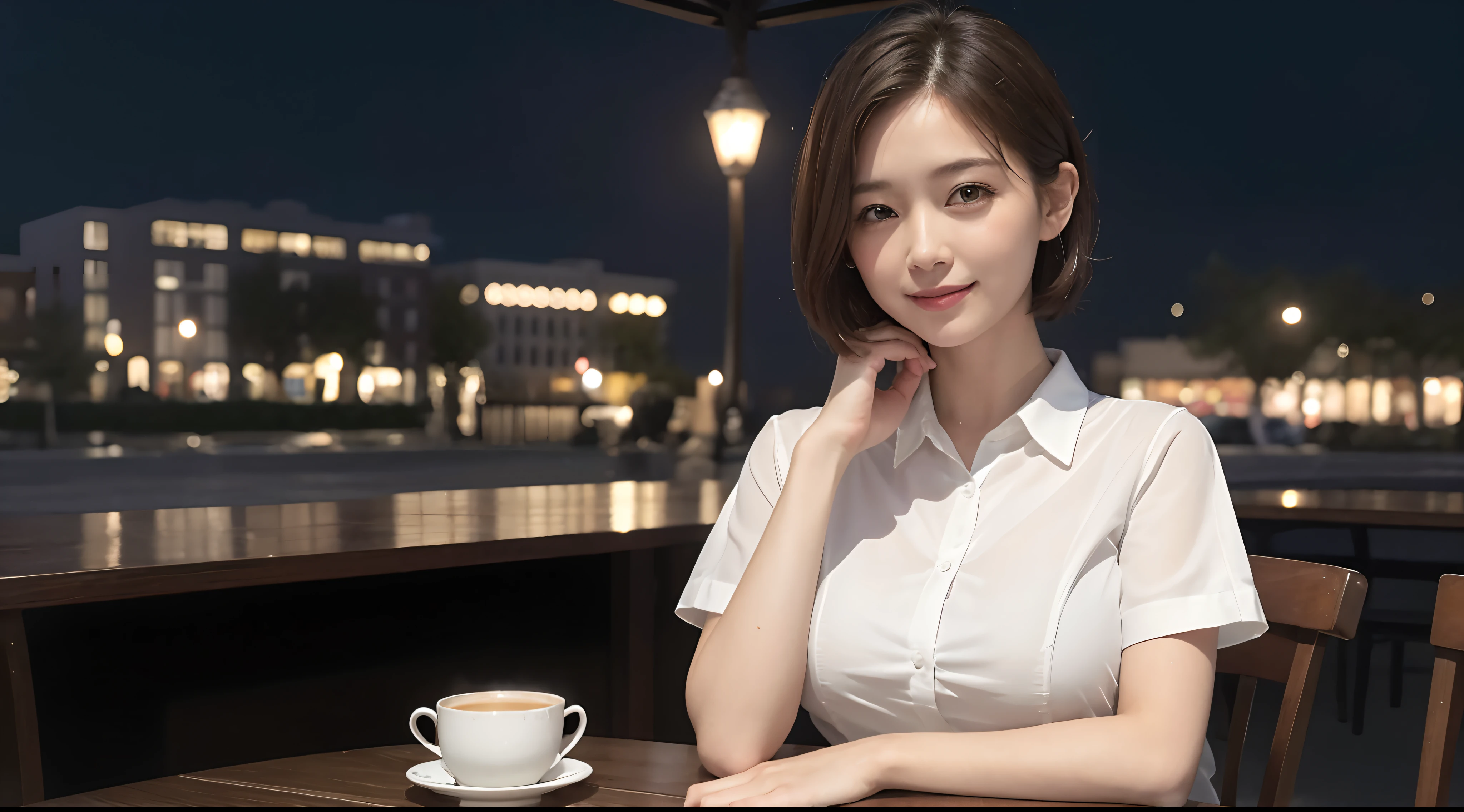 (8k, best quality, masterpiece:1.2), (realistic, photo-realistic:1.37), ultra-detailed, 1 girl, cute, solo, beautiful detailed sky, detailed cafe, night, sitting, dating, (nose blush), (smile:1.15), (closed mouth) small breasts, beautiful detailed eyes, (collared shirt:1.1), night, wet, business attire, rain, white lace, (short hair:1.2), floating hair NovaFrogStyle, topless,