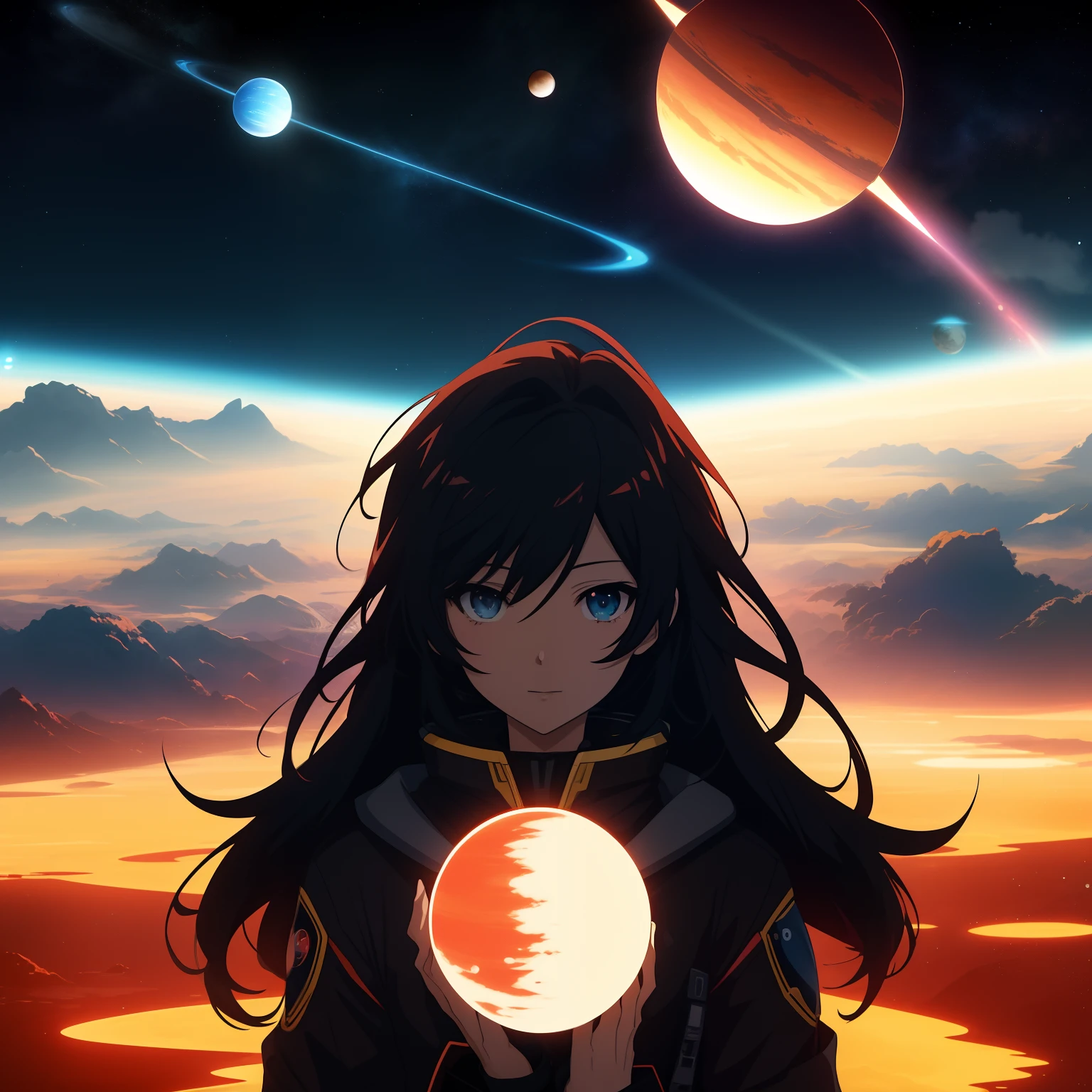 Anime-style poster、It depicts two contrasting planets and a near-future space landscape ,One planet is dark and dead, The other is bright and lively. Different planets and stars on background、Gives the viewer a sense of endless space and adventure waiting for the protagonist. Gentle colors