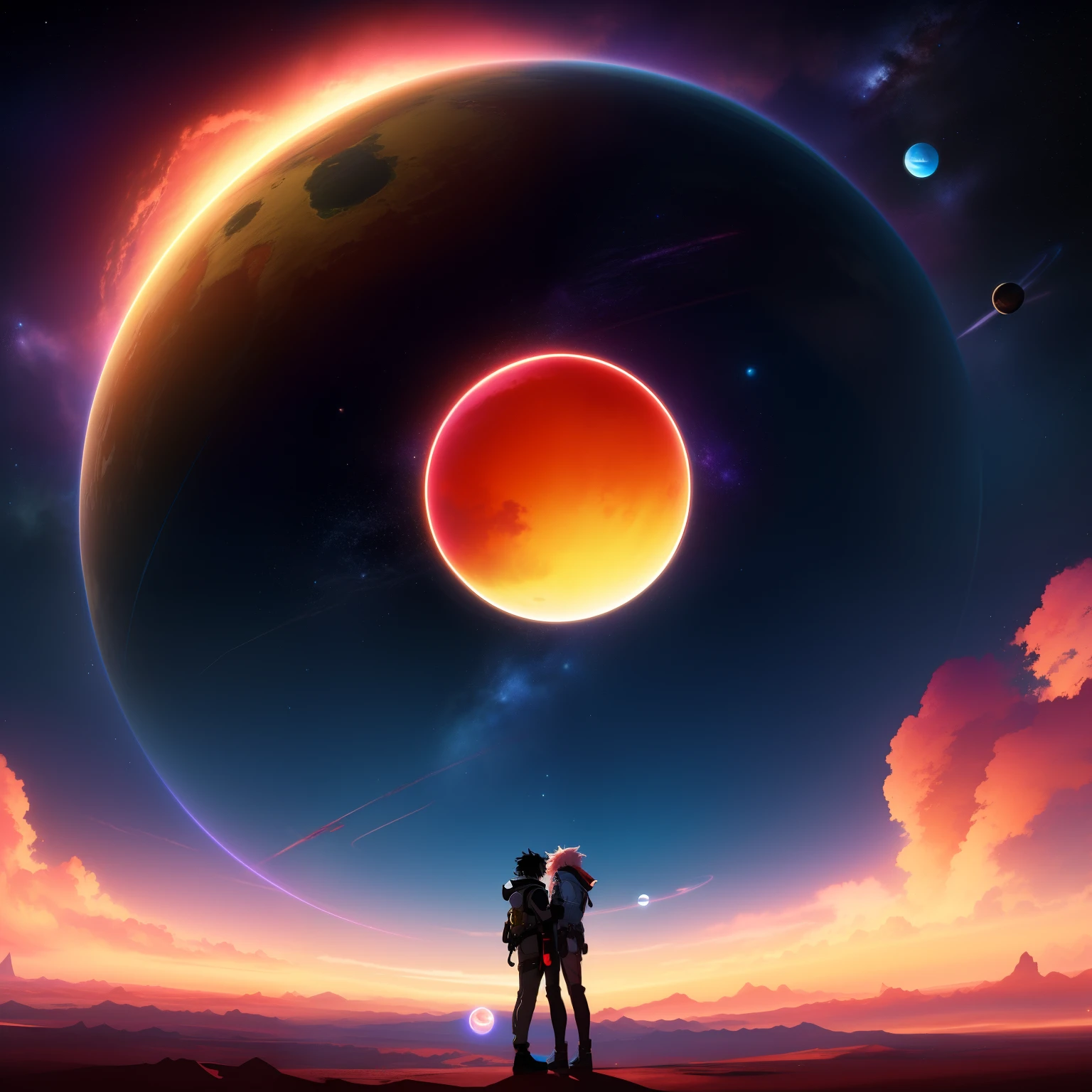 Anime-style poster、It depicts two contrasting planets and a near-future space landscape ,One planet is dark and dead, The other is bright and lively. Different planets and stars on background、Gives the viewer a sense of endless space and adventure waiting for the protagonist. Gentle colors