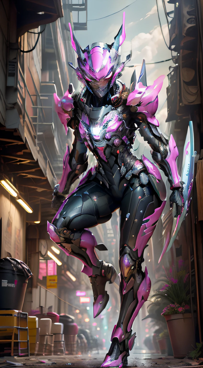 (best quality,4k,8k,highres,masterpiece:1.2),ultra-detailed,realistic,photorealistic:1.37,(Female), ancient-futuristic exoskeleton,mechanical exoskeleton,shark style exoskeleton,(shiny,metallic) material,glowing neon pink color,full body exoskeleton,(graceful,elegant,agile) body movement,(ethereal,otherworldly) atmosphere,powerful and futuristic appearance,blades coming out of both arms,(sharp,gleaming) metallic blades,illuminating the surroundings with neon pink light,(high-tech,advanced) technology,impressive design,glowing eyes,(confident,determined) expression,mechanical sounds,energetic and dynamic pose,urban night landscape,city skyline in the background,shadowy silhouettes of buildings,neon lights reflecting on the exoskeleton,blue and purple color tones,evoking a sense of mystery and intrigue,light trails from passing cars,enhancing the futuristic ambiance,moonlight casting a soft glow on the scene