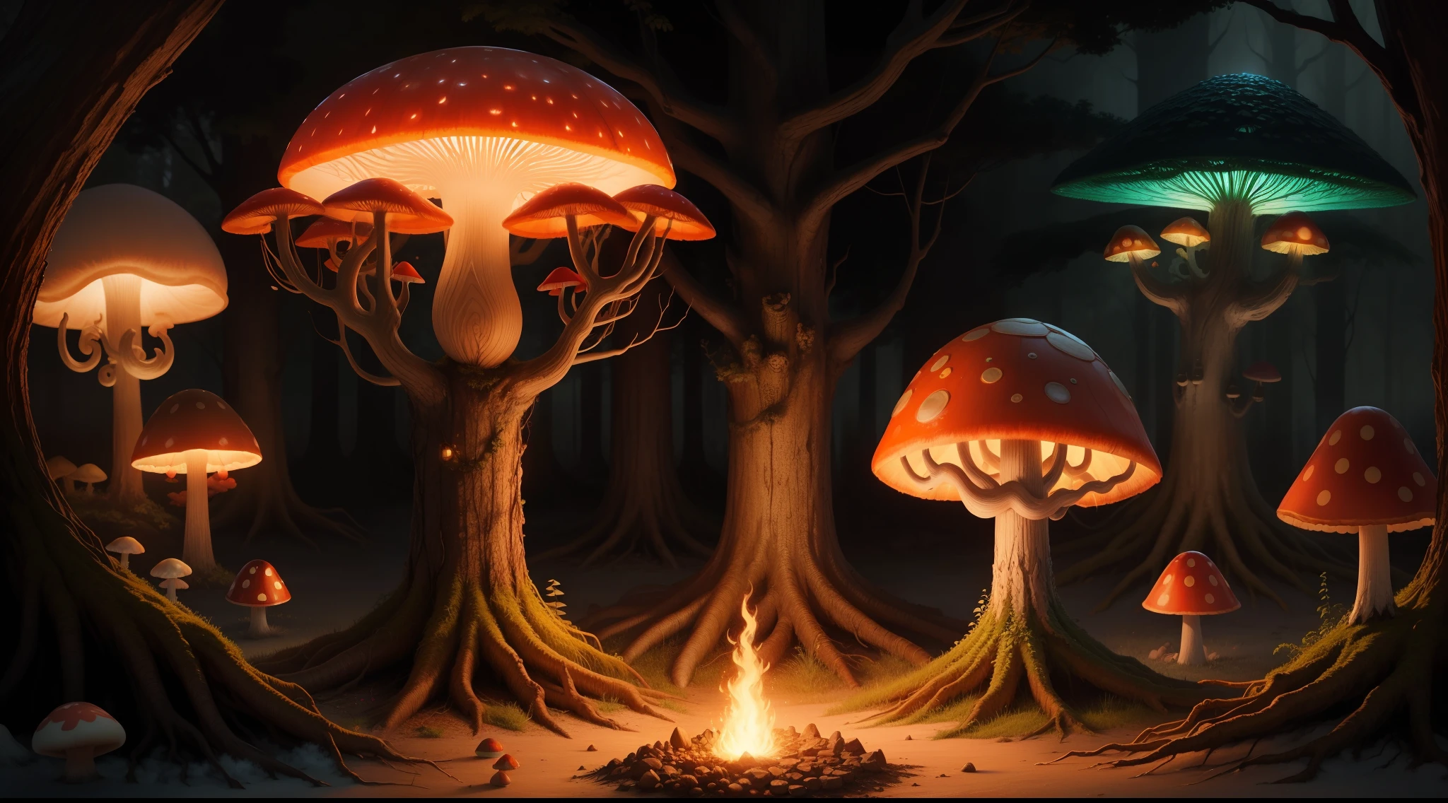 Beautiful elf, forest, forest fantasy, evening, flaming mushroom tree