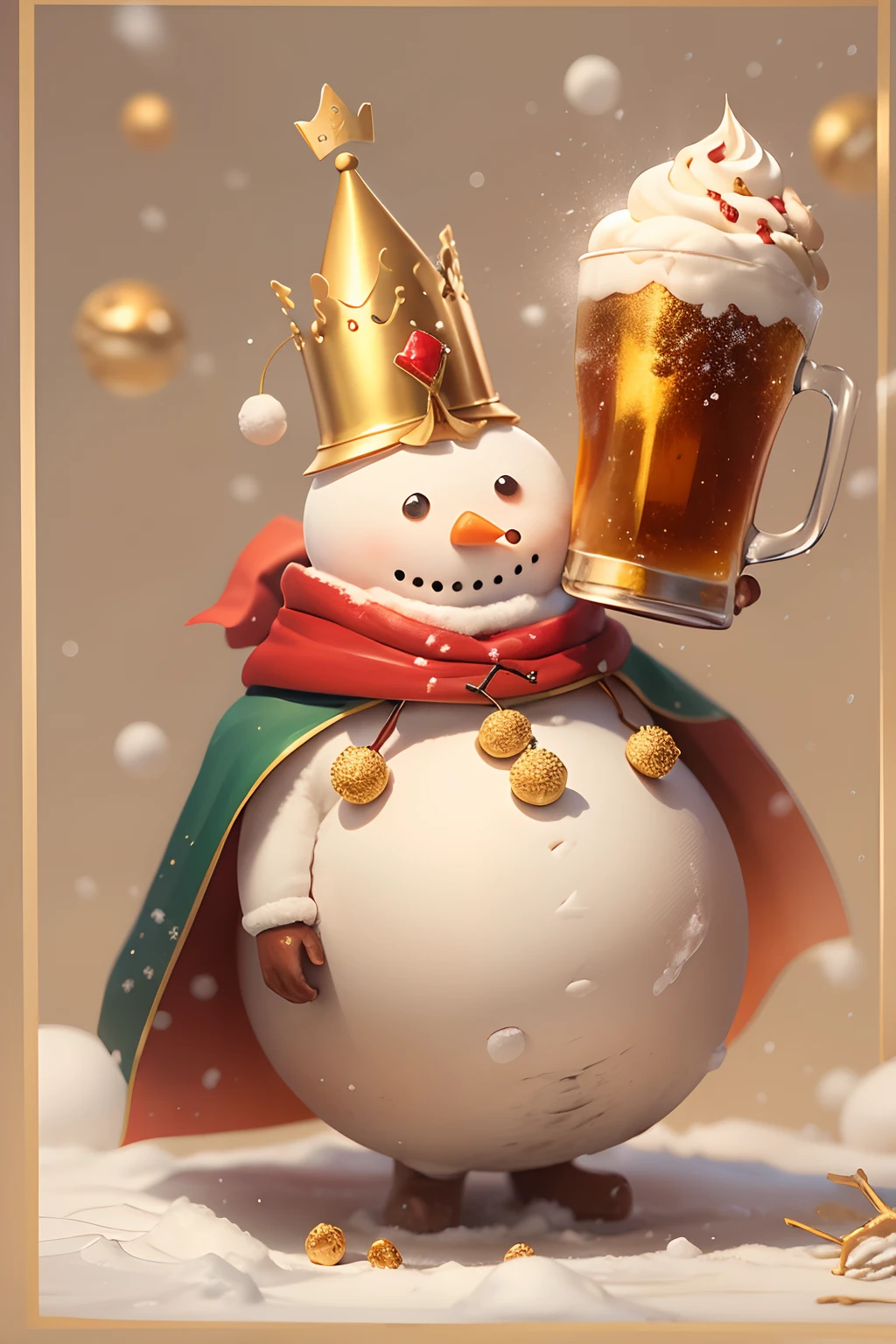 (The cute fat snowman wears a small golden crown on his head，Red cape). A large glass of beer，Top with cream and colored ice cream balls，Chocolate chips，High quality，Creative，Cool