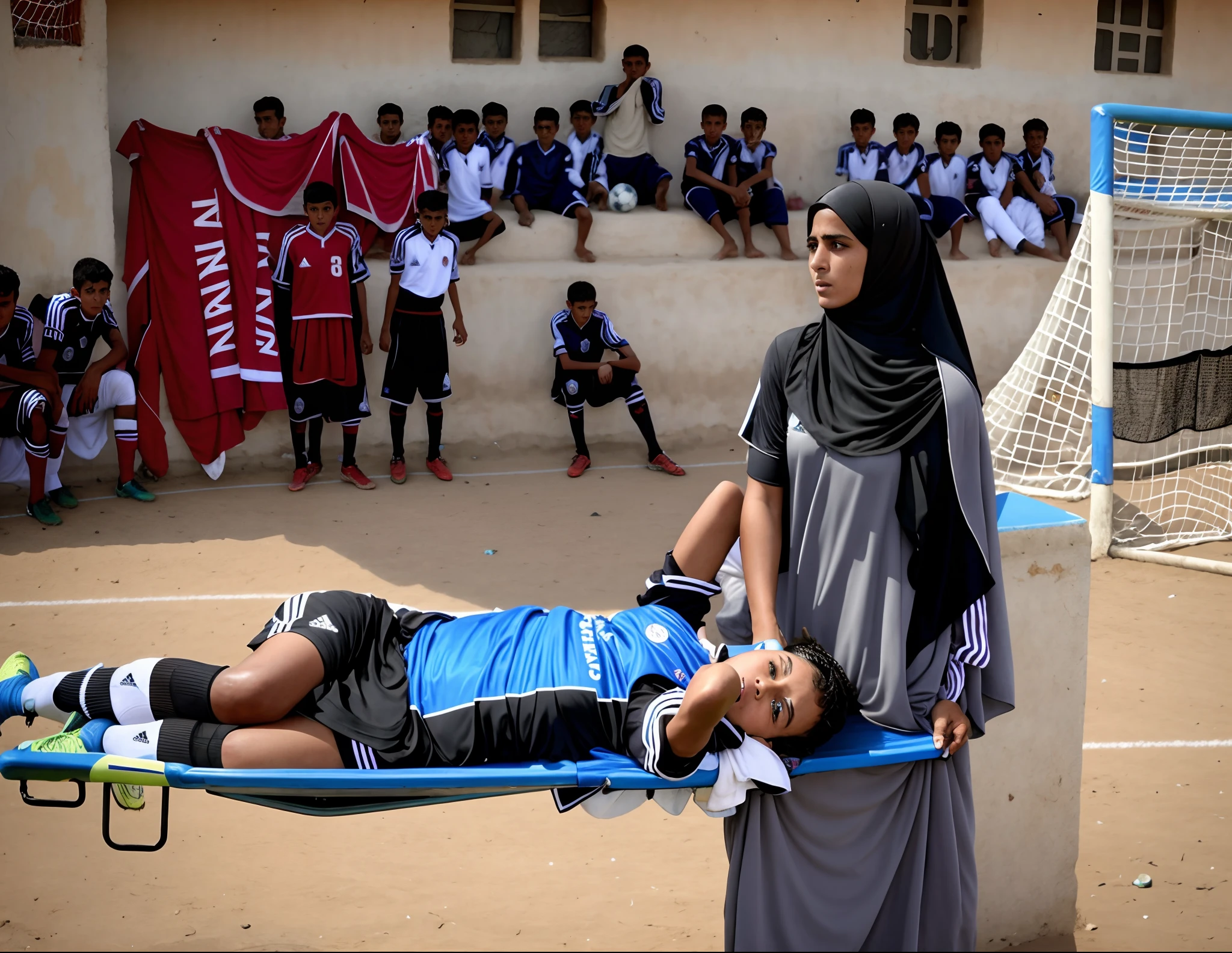 a soccer scene in a stadium in yemen with a dusty brown pitch, a veiled yemeni woman in a black high-gloss plastic hijab walks in front of us with an angry face and an extremely horrified and desperate expression from right to left across the dusty soccer field, the yemeni woman carries in a horizontal orientation a stretcher on which an injured footballer lies in dull and dusty blue sportswear, the footballer lies sideways on the stretcher with his legs slightly bent and his torso towards us and has both arms bent and hands in front of his face, the footballer's head on the trage lies close to the yemeni woman's plastic hijab and is concealed by the footballer's akimbo arms and hands, the footballer in the mat cotton sportswear has his hands clasped in pain in front of his face and radiates an aura of pain and sorrow, the yemeni woman in the shiny black plastic hijab carries the injured soccer player on the stretcher, which she holds before our eyes over the dusty soccer field, in the background you can see the occupied stands of the yemeni soccer stadium, a soccer game in yemen, sports injury, transport on the stretcher, yemeni woman, high-resolution photo, ultra-realistic photo, photorealistic shot, super high-resolution and sharp photo, shiny black plastic burka, best shot, impressive winning photo, realistic shot, perfect shot, injured, intense moment