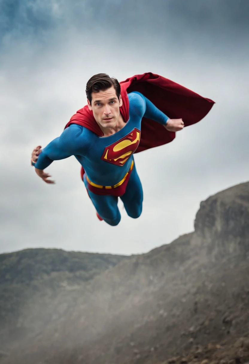 Superman flying in the sky,corpo inteiro,trage com capa vermelha,e cueca vermelha