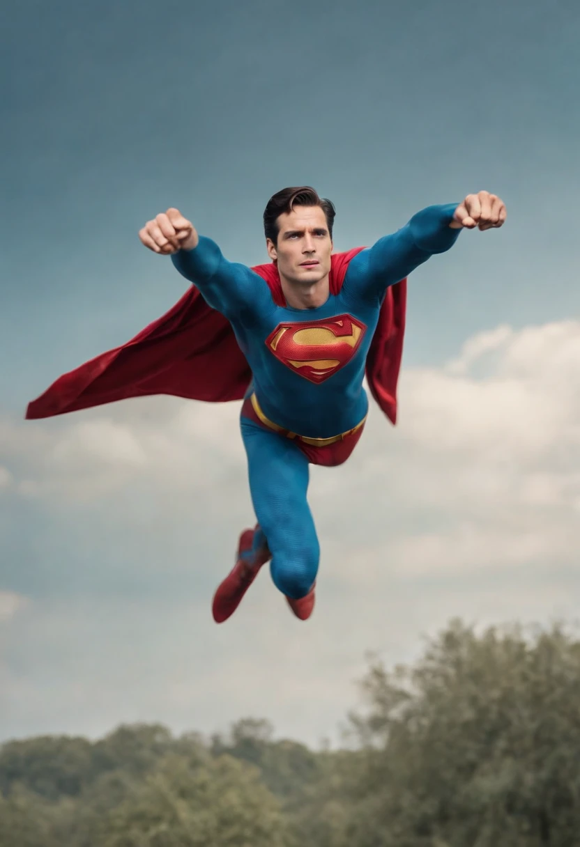 Superman flying in the sky,corpo inteiro,trage com capa vermelha,e cueca vermelha