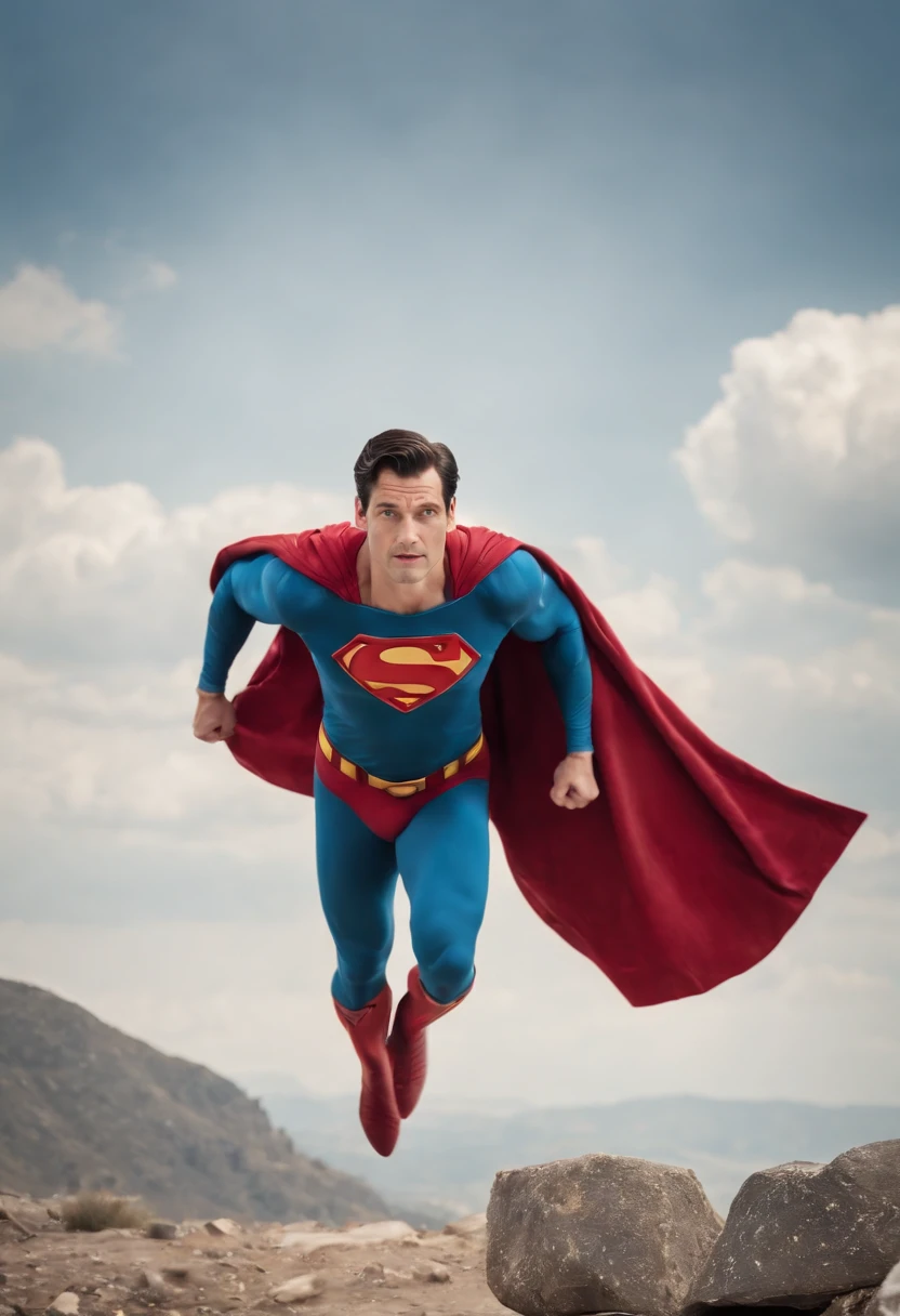 Superman flying in the sky,corpo inteiro,trage com capa vermelha,e cueca vermelha