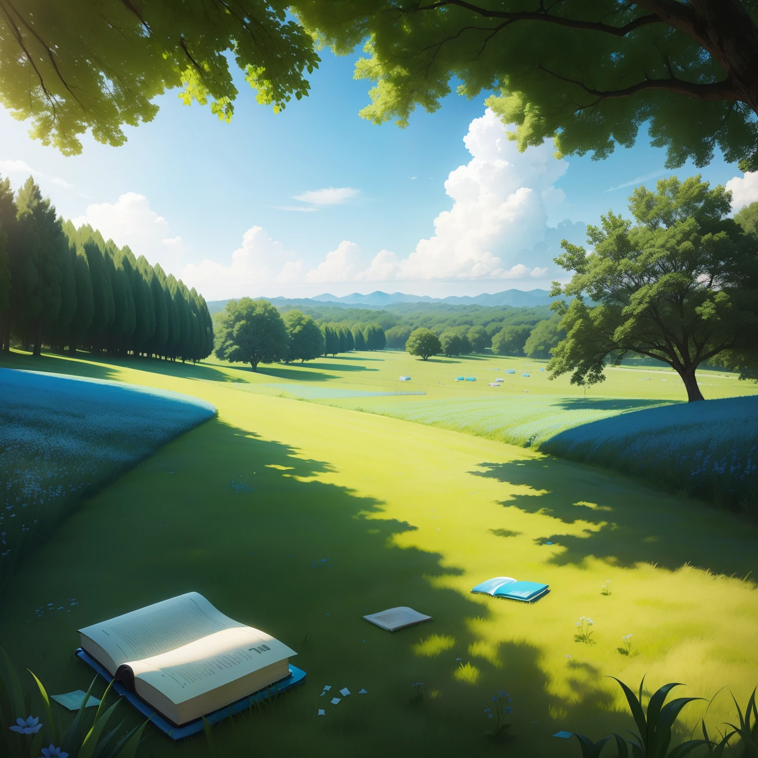 Sky blue sky，Green meadows，Several books were scattered on the grass。Blue is the main color
