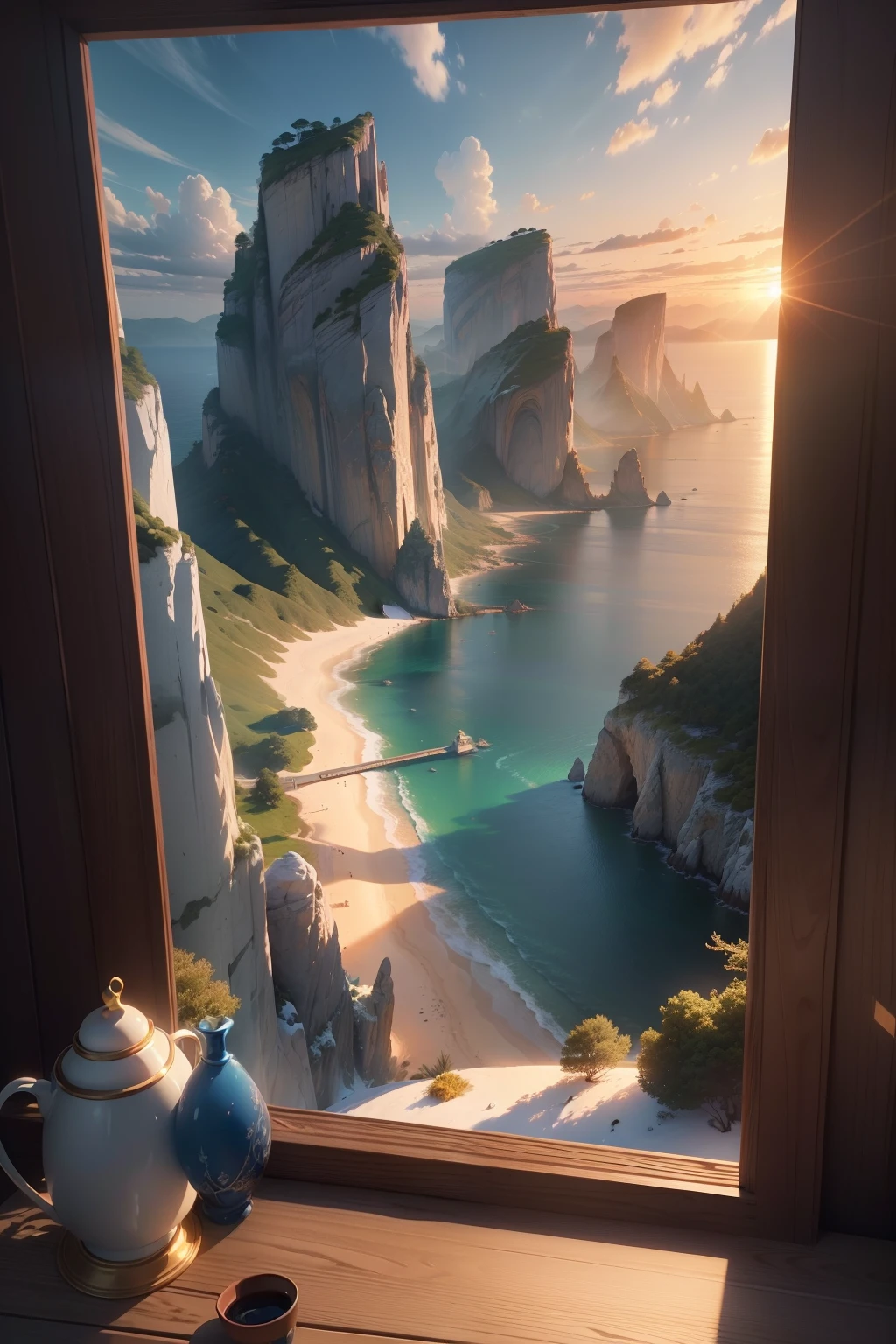 Masterpiece, best quality, (very detailed CG unity 8k wallpaper) (best quality), (best illustration), (best shadows) Nature&#39, blue sea, sunrise, light Tracking, super detailed, glare, cinematic light, soft light --v6