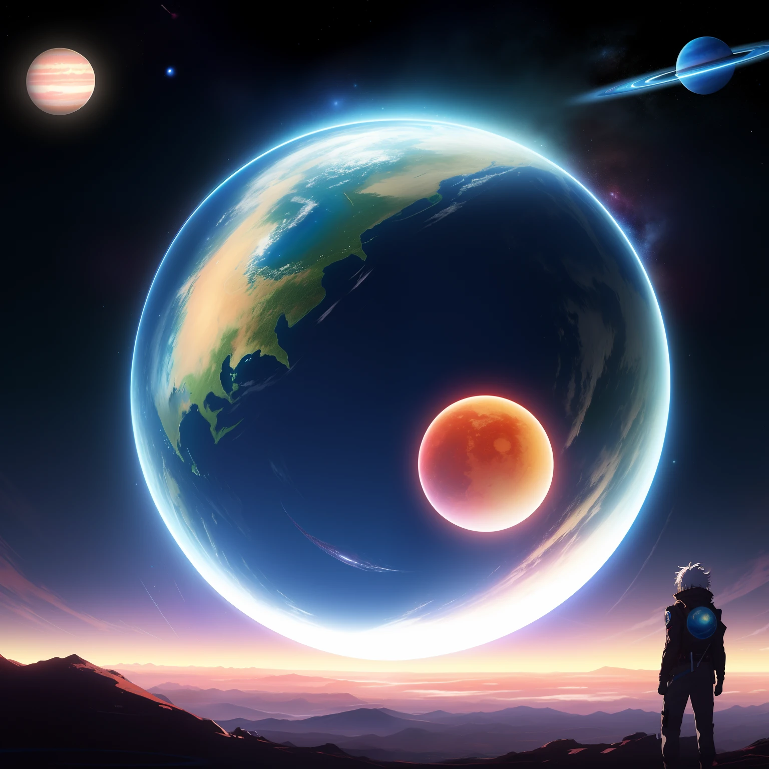 Anime-style poster、It depicts two contrasting planets and a near-future space landscape ,One planet is dark and dead, The other is bright and lively. Different planets and stars on background、Gives the viewer a sense of endless space and adventure waiting for the protagonist.  Gentle colors