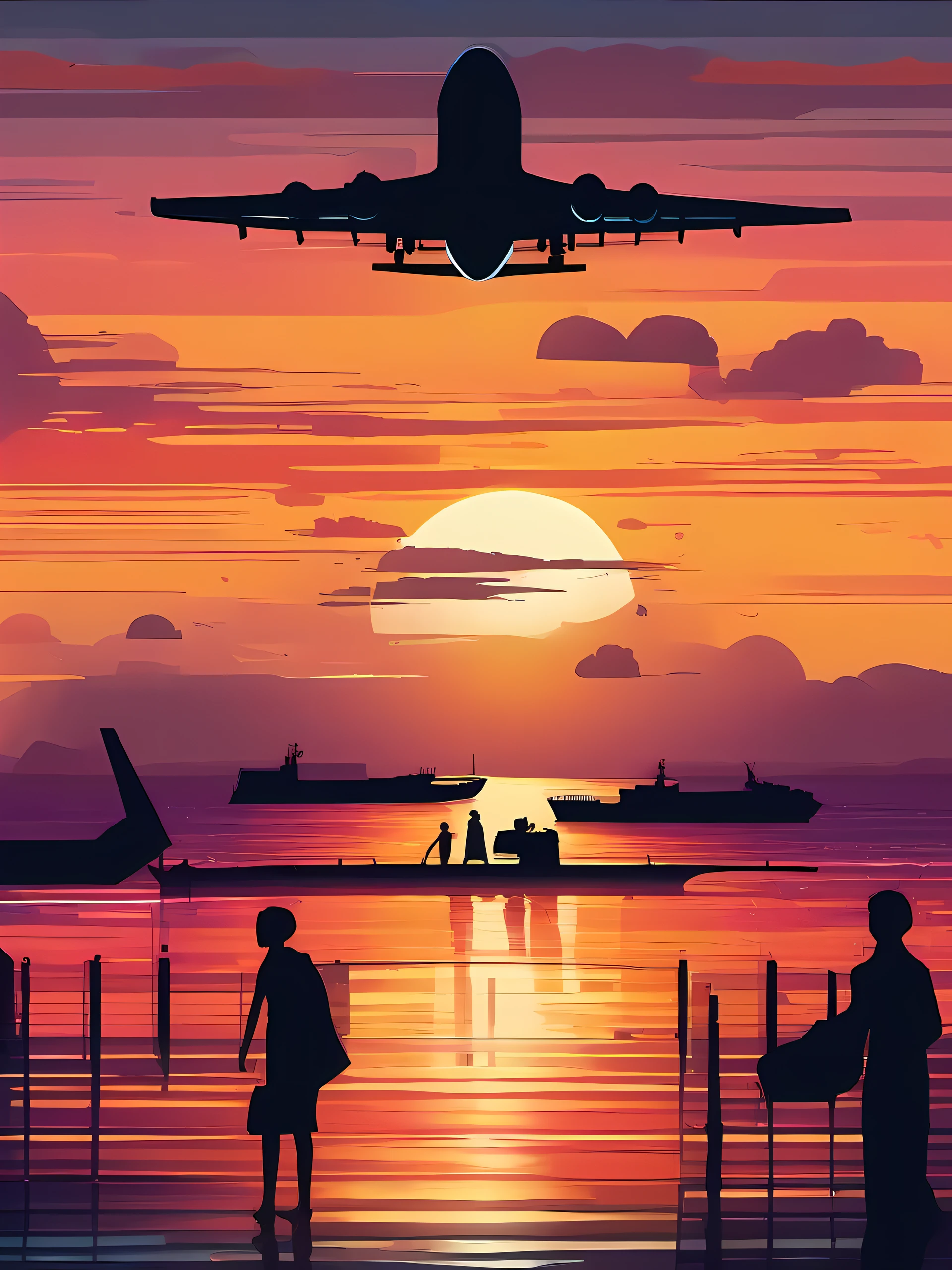 Illustration inspired by the opening of the Friday Roadshow、Location、Mare、At the venue、A ship is passing by、Big sunset on the horizon、Very big sunset、A passenger plane is passing in front of the setting sun、Silhouette of a passenger plane、Airliners are、B-747、Dyed background of sunset、Very nicely dyed background、