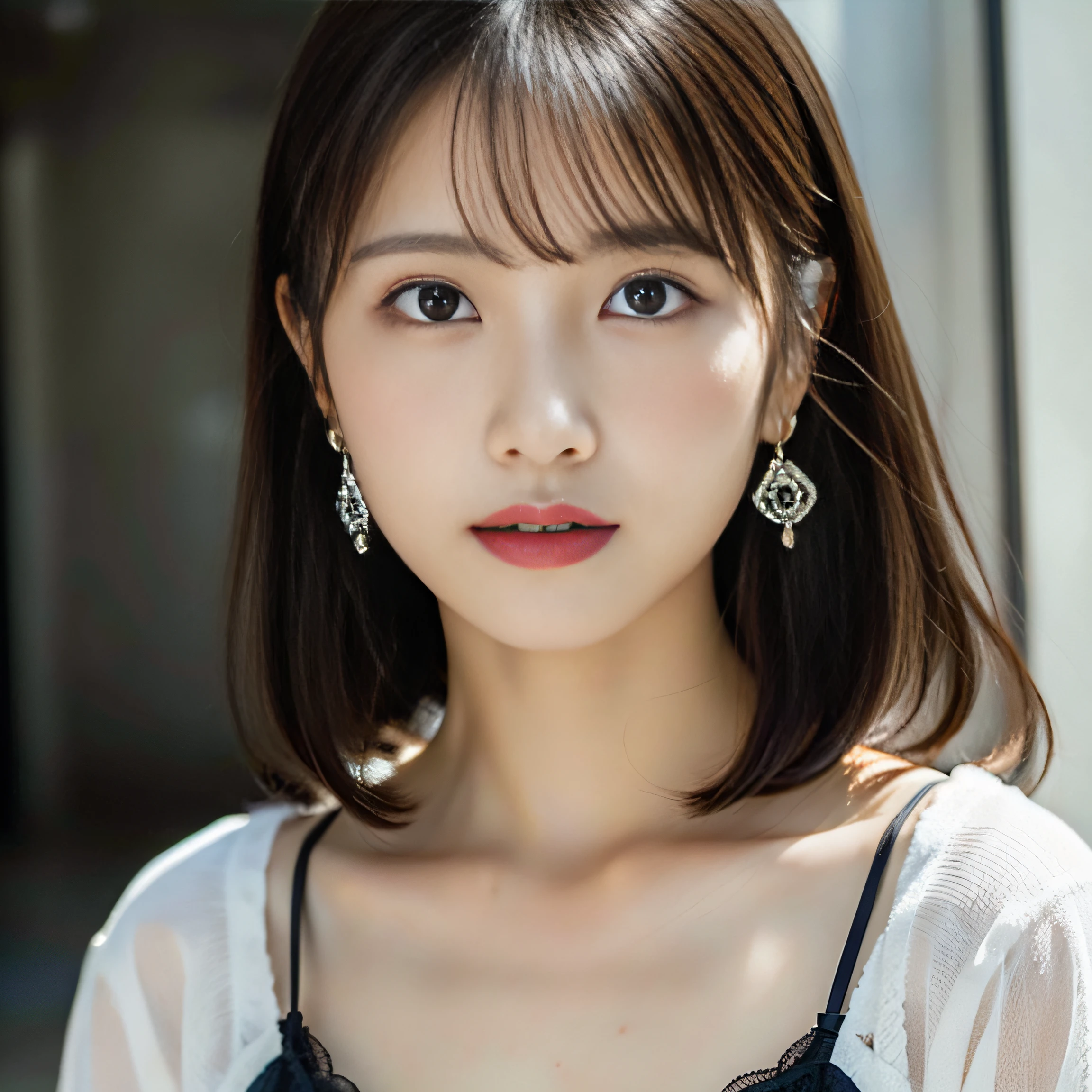 (highest quality、High resolution、masterpiece:1.3)、tall and cute woman、big and full breasts、loose wavy dark brown hair、brain out、necklace、white bikini、(background coast)、Precisely expresses details such as face and skin texture、detailed eye、double eyelid、light smile、whole body、short cut hair、Upper body