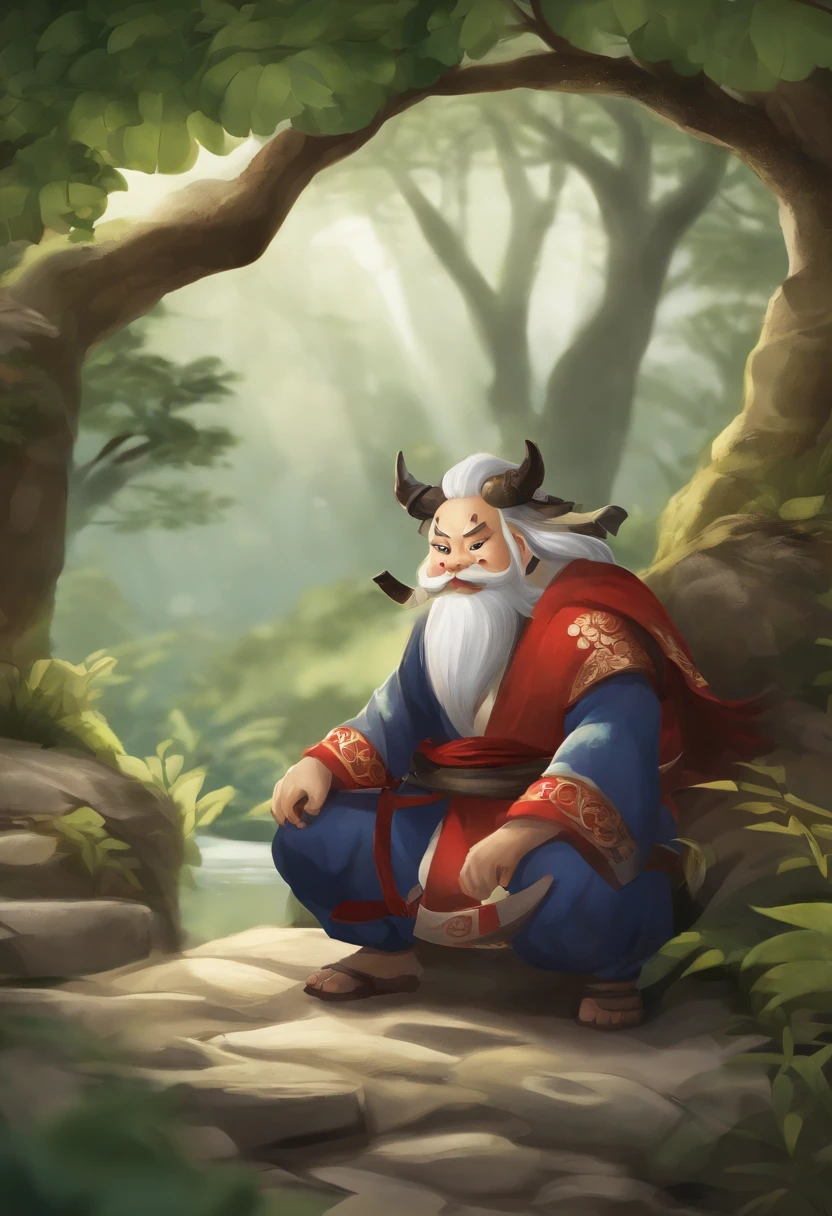((((1 boar man)))), (boar male), (beast man), (white beard:1.2, long beard), brown skin,, (white hair), ((very fat)), muscular body, short stature, strong eyes, ((ancient China, ancient China clothing, three kingdoms style)), ((bulge in pants)), ((green forest)), winter, ((green forest background)), (masterpiece), (best quality), artistic photography, (photography taken by below), perfect face details, photo realistic, (((realism))), nude, sit on big rock, view from below, 