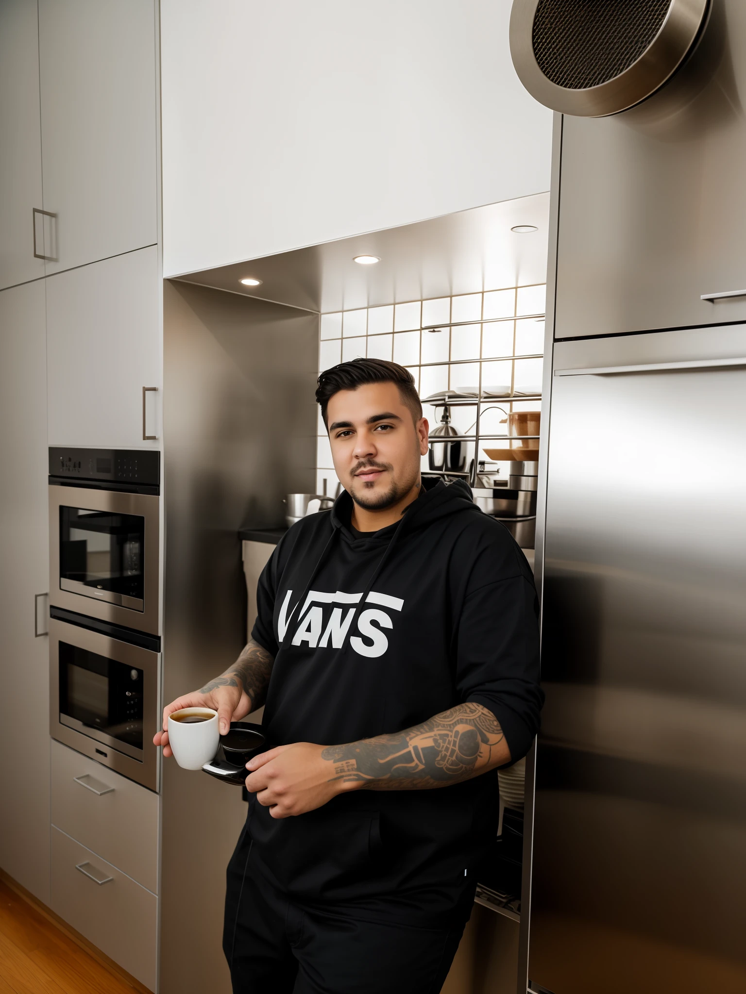 there is a man standing in a kitchen with a cup of coffee, hardcore metal