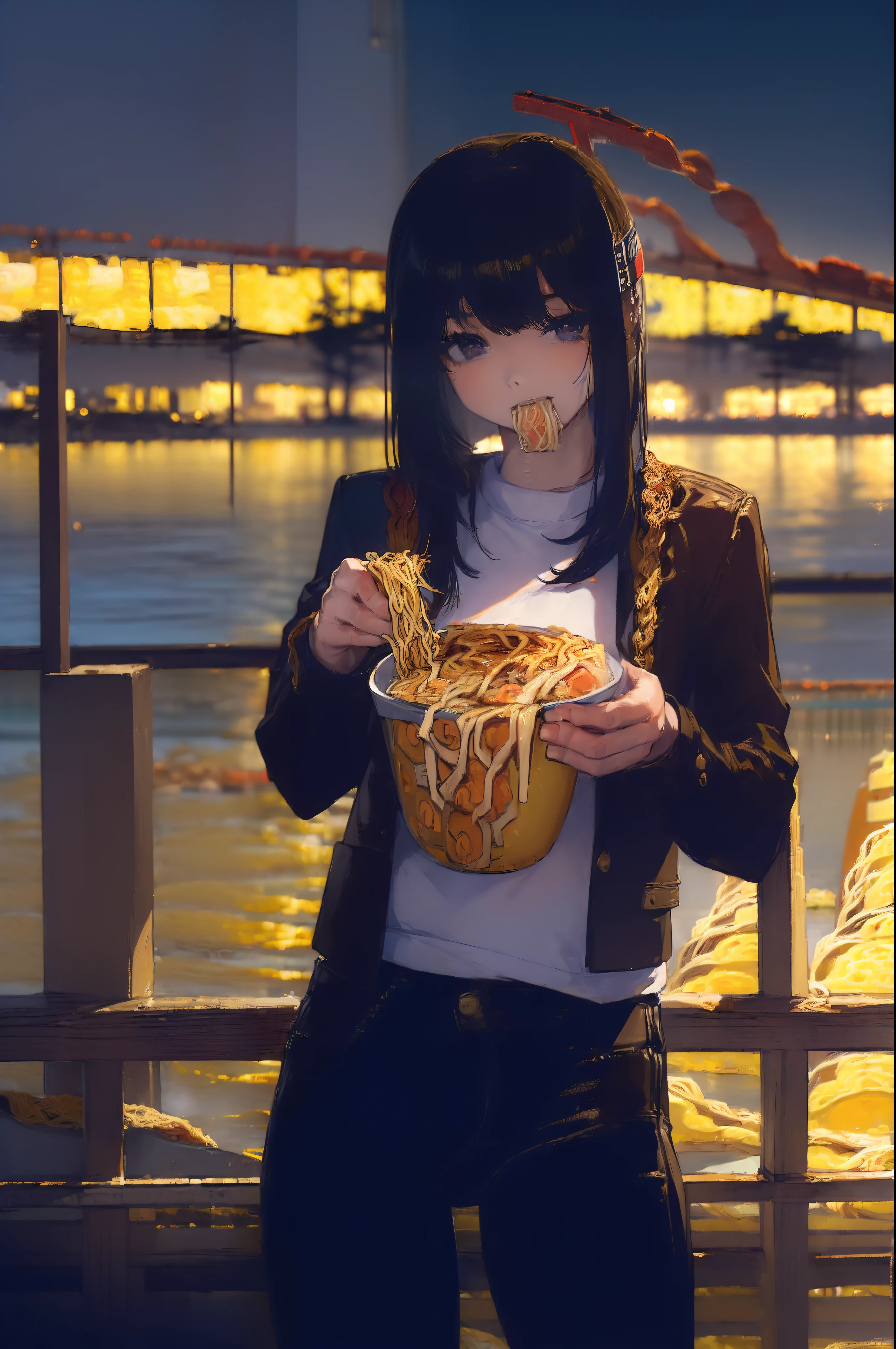 ((((Eat ramen by the lake:1.5)))),((Female 28 years old)),((Best Quality:1.5)),(((Hands with the correct number and structure of fingers:1.4))),((Big fish:1.37)),hight resolution,ultra-detailliert,masterpiece,best qualtiy,(Eight-headed body),Black hair, long eyeslashes, Solid Circle Eyes, drop shadow, Atmospheric perspective,Super Detail, ccurate, small brest,(Black jacket and black jeans :1.1),top-quality, blurry backround, bokeh dof:1.2, (masterpiece:1.3), Atmospheric perspective,Super Detail,dynamic compositions,
