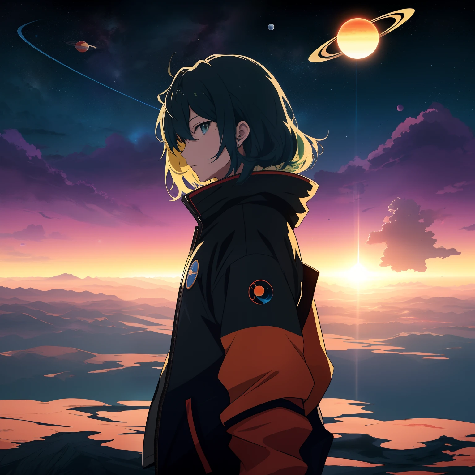 Anime-style poster、It depicts two contrasting planets and a near-future space landscape ,One planet is dark and dead, The other is bright and lively. Different planets and stars on background、Gives the viewer a sense of endless space and adventure waiting for the protagonist. Gentle colors