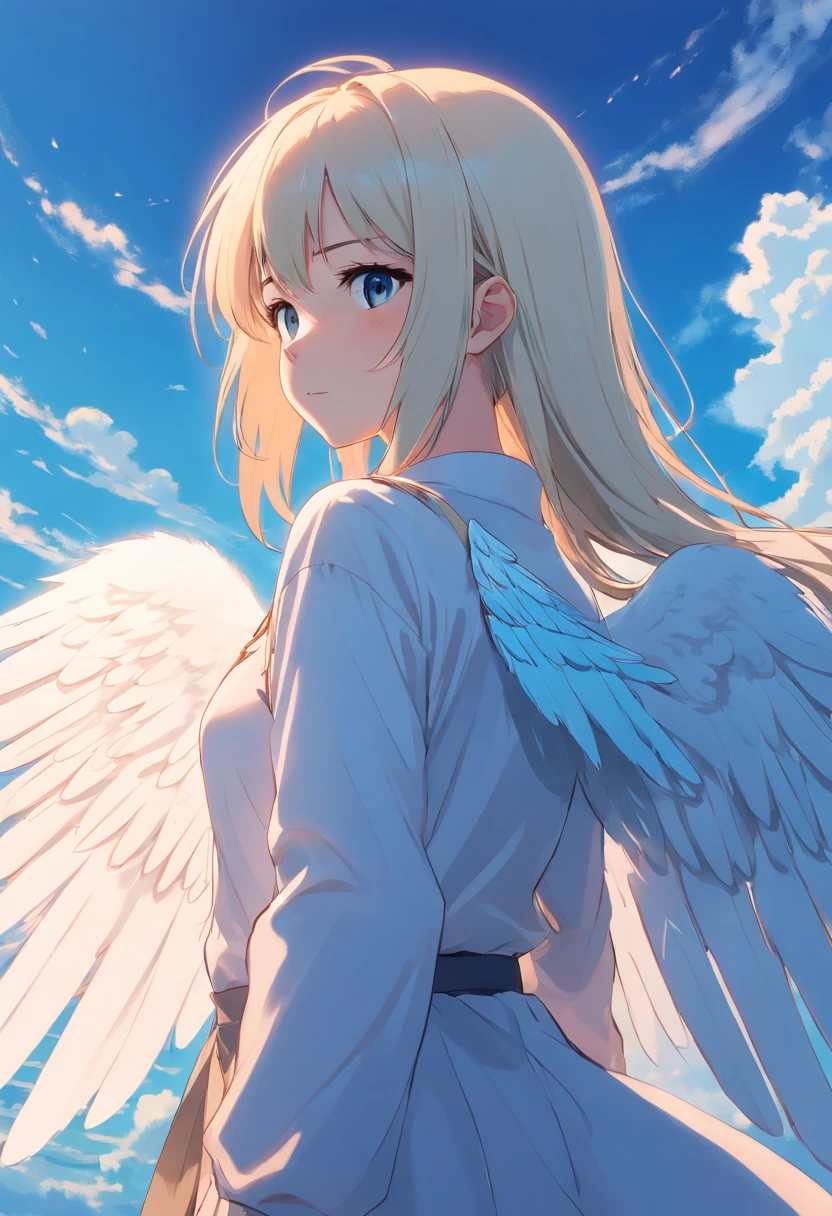1 girl, white long hair, behind view, angel wings, blue sky background