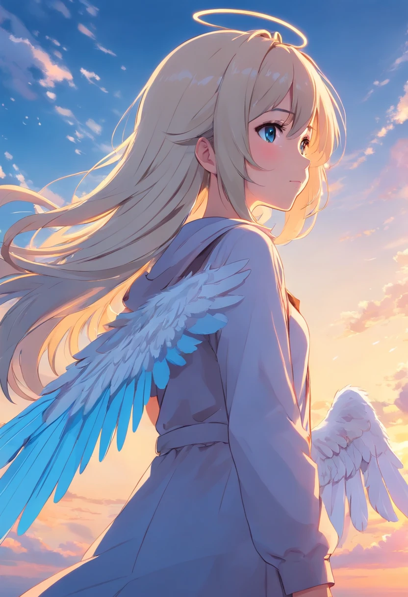 1 girl, white long hair, behind view, angel wings, blue sky background