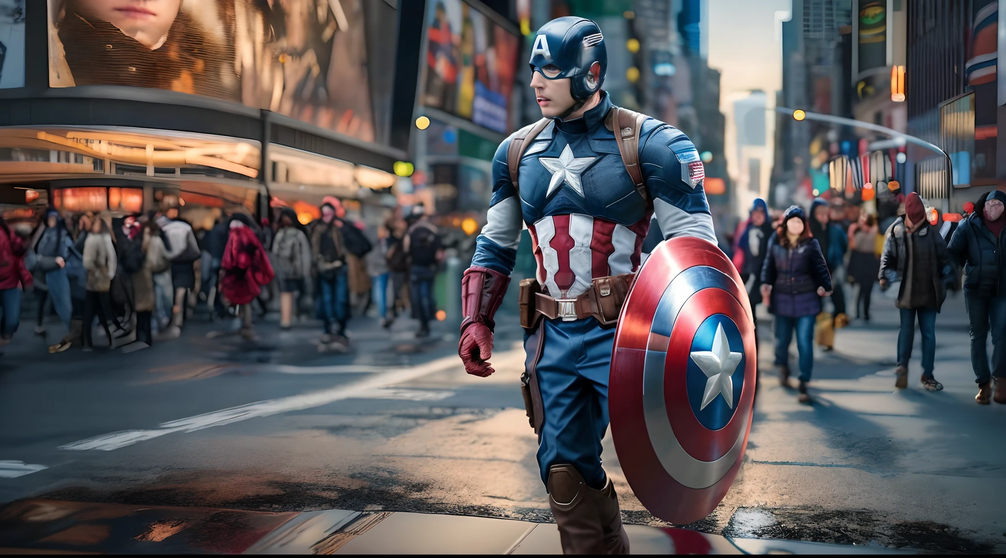 Marvel Cinematic Universe, Captain America Steve Rogers, in Times Square, New York City. Confidently striding through the bustling square, holding his iconic shield, gleaming in the intense futuristic light. Full body shot, facing the camera with determination. Remarkable attention to detail in costume and expression, vividly portrayed in glorious 8K resolution. Shot with a state-of-the-art camera setup and extensive post-processing for a jaw-dropping visual experience. A true masterpiece showcasing Captain America's essence in the heart of the city that never sleeps. Full-body, reflection, many details, a lot of detail.