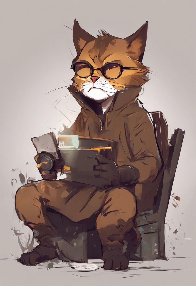 (Brown cat), (Plain hoodie), (Big glasses), Brave cat character, (Chibi: 1.3), minimalism, Backlight, Glow, ccurate, masutepiece, nffsw, Cinematic lighting, Sideways, Anatomically correct, high details