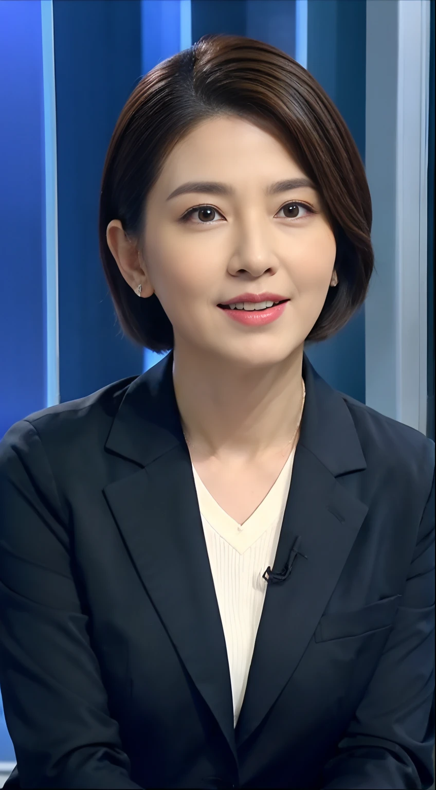 The highest image quality、超A high resolution、1womanl、beautiful countenance、Shorthair、Long-sleeved announcer in a tight suit、Sit in the studio、Middle-aged and elderly,Crow's feet at the corners of the eyes