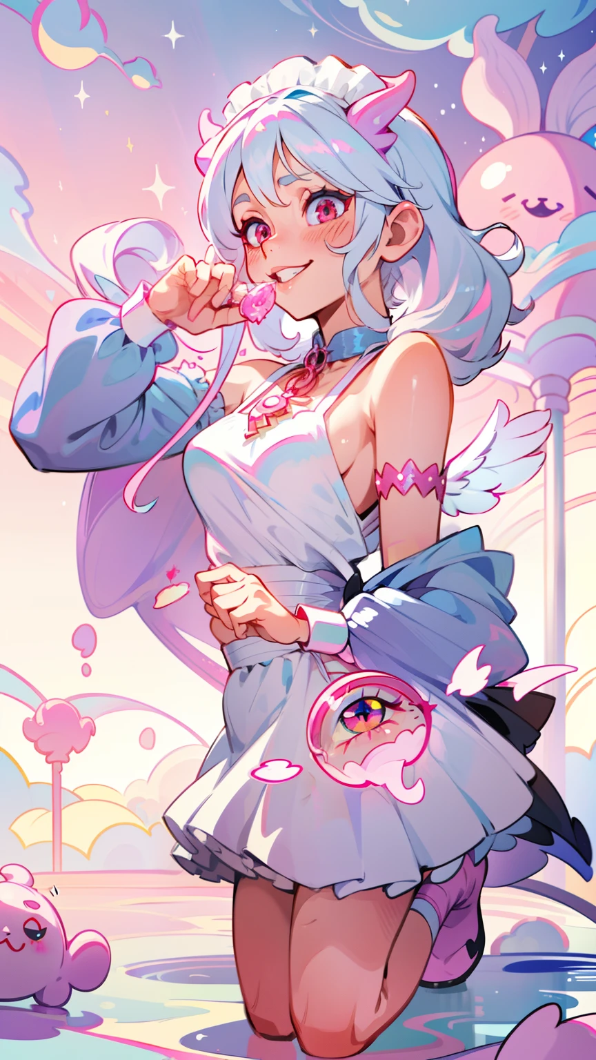 Girl in black and white dress, Pink tail, anime cat girl in a maid costume, style of magical girl, Small two-tone curls, fleshy feeling, sparkling magical girl, portrait of magical girl, anime girl in a maid costume, nyaruko-san, Splash art, Openwork maid costume, lollipop, Detailed key anime art, white hair, long hair,{{{demon horns}}}, {{{demon wings}}} , huge boobs, full body, sexy, lip bite, ahegao, smiling, {{{red eyes}}}, {{{white hair}}}