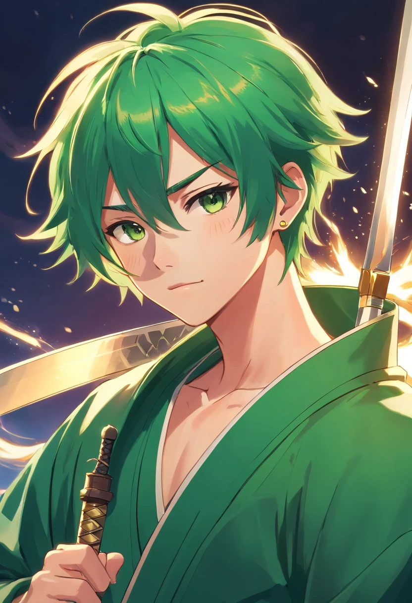 Green hair,Brush cut,Male swordsman,Wearing a green robe,With three knives,Gold stud earrings are worn over the ears