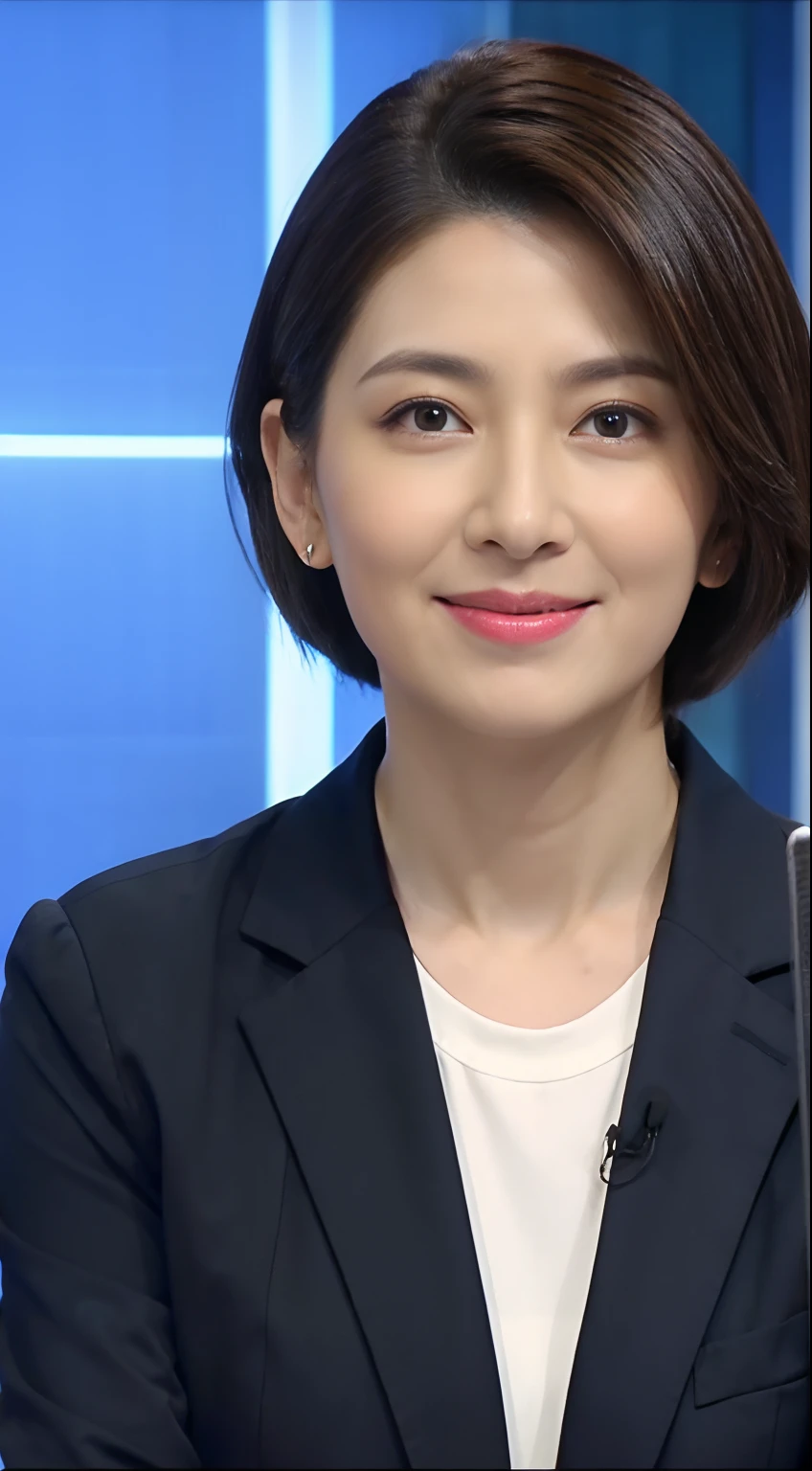 The highest image quality、超A high resolution、1womanl、beautiful countenance、Shorthair、Long-sleeved announcer in a tight suit、Sit in the studio、Middle-aged and elderly,Crow's feet at the corners of the eyes