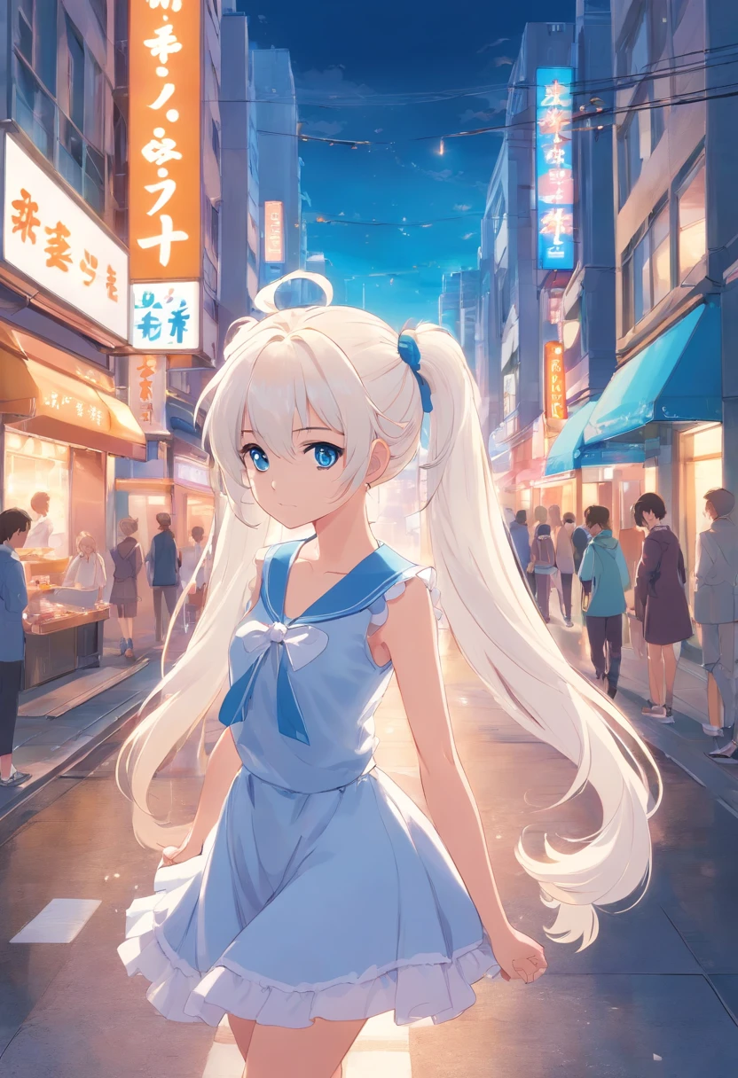 White color hair，Double ponytail curls，blue color eyes，White Lolita，Beth，A bustling city street