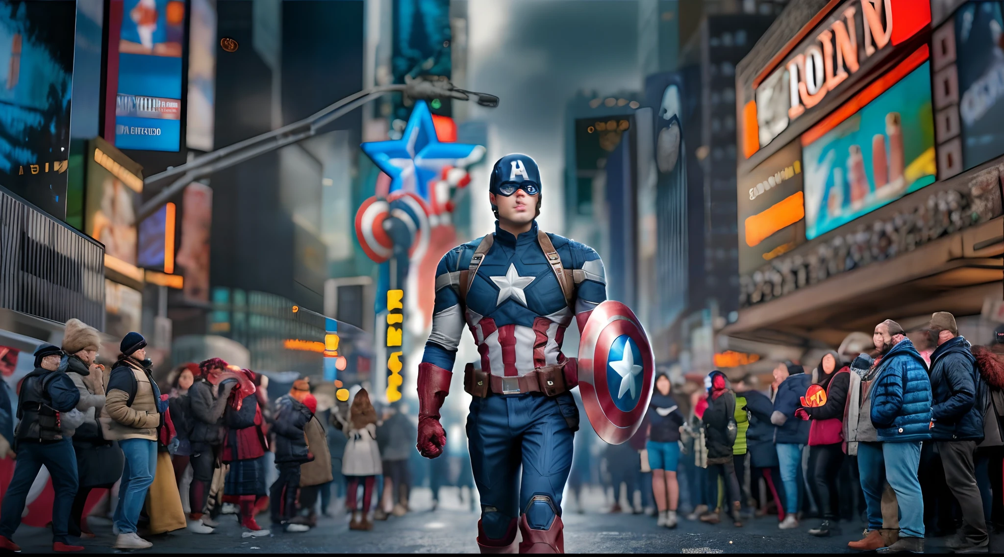 Marvel Cinematic Universe, Captain America Steve Rogers, in Times Square, New York City. Confidently striding through the bustling square, holding his iconic shield, gleaming in the intense futuristic light. Full body shot, facing the camera with determination. Remarkable attention to detail in costume and expression, vividly portrayed in glorious 8K resolution. Shot with a state-of-the-art camera setup and extensive post-processing for a jaw-dropping visual experience. A true masterpiece showcasing Captain America's essence in the heart of the city that never sleeps. Full-body, reflection, many details, a lot of detail.