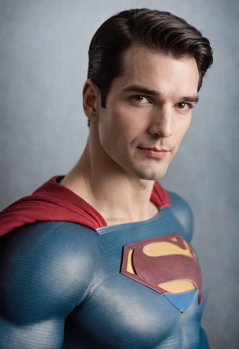 Superman, posando como fisiculturista. Tirando retratos. Exibindo o corpo. Cueca vermelha e capa contra o vento. Filtro  de cores vivas