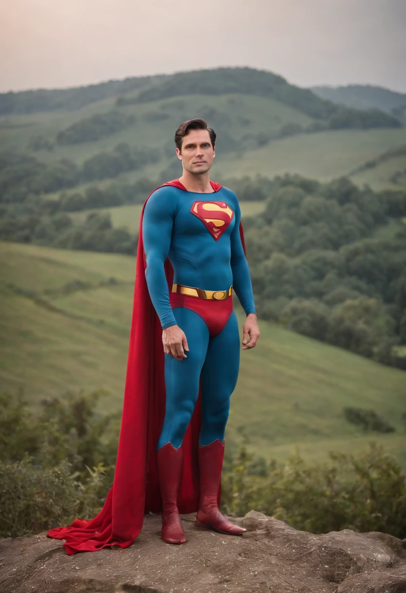Superman, posando como fisiculturista. Tirando retratos. Exibindo o corpo. Cueca vermelha e capa contra o vento. Filtro de cores vivas