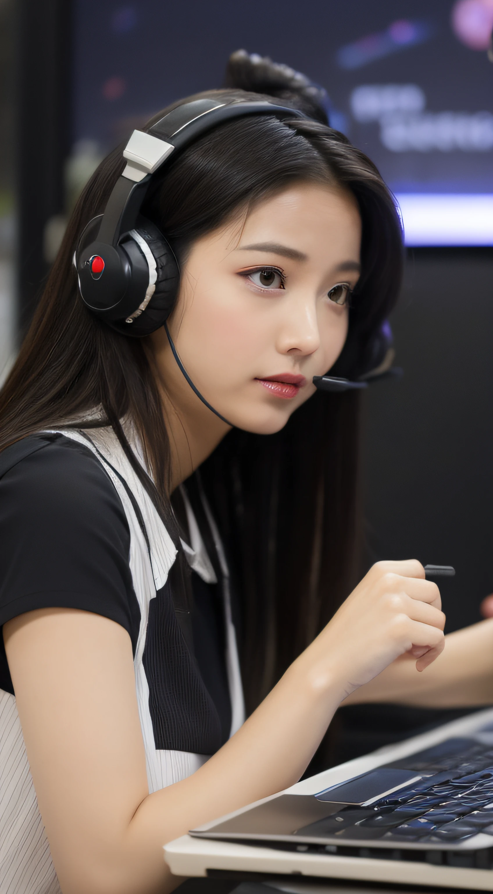 femele,A dark-haired,japanes,OL,At work,Career Woman,call center,desk,personal computers,headset on head,