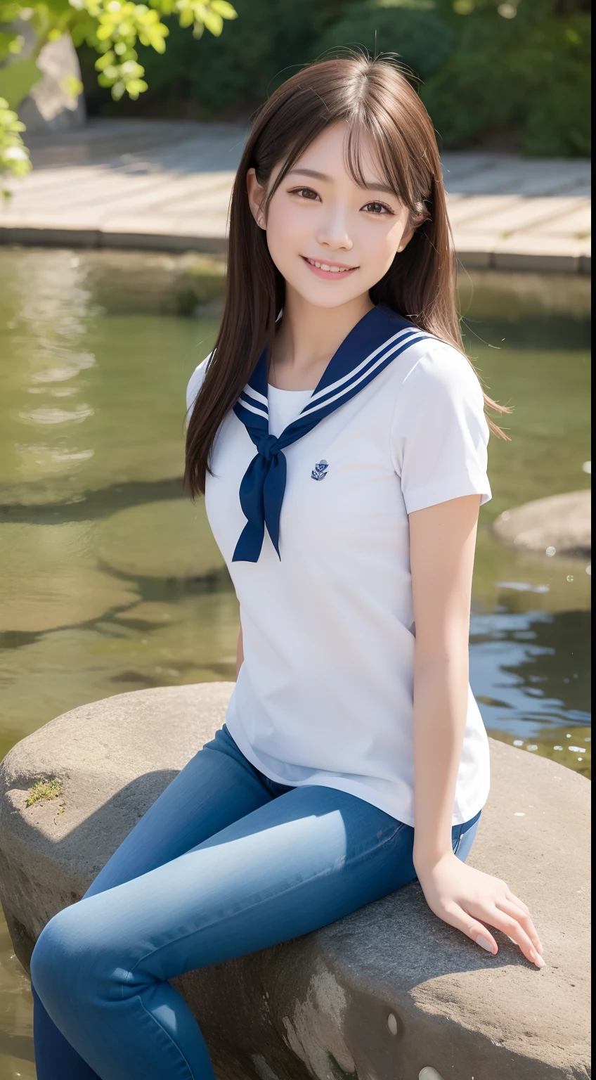 A smiling girl，In sailor suit，Blue skinny jeans，Sitting on a large rock by the pond，com rosto detalhado，The eyes are delicate，The photo quality is the best，Realistic image quality，Background diffuse lighting，Depth of field display。