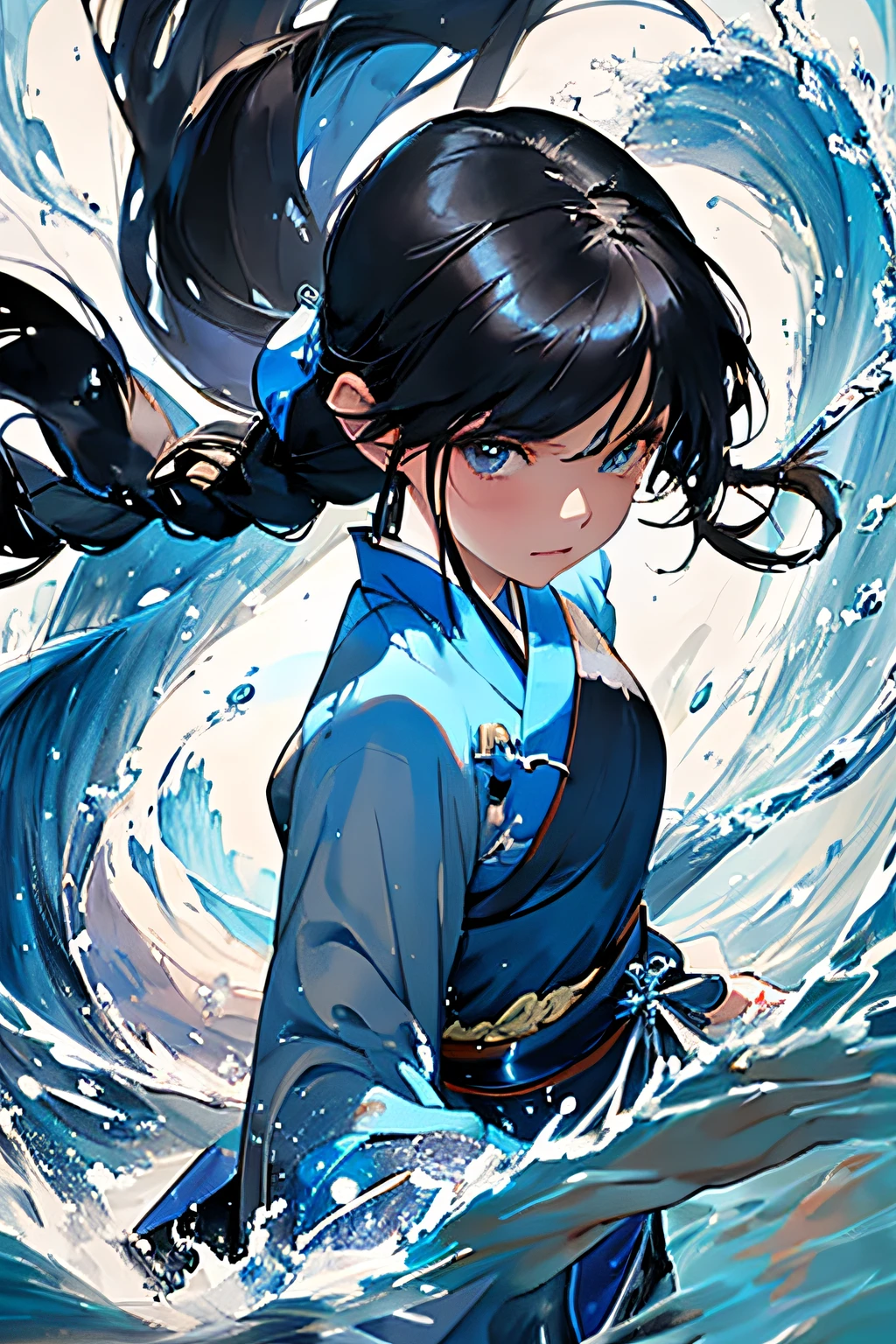 Masterpiece, 1girl, close up, wear blue hanfu, Chinese Traditional cloth, ((holding a water sword,)) long black hair, hair braid, blue wave background, water effect, ink painting style, dynamic pose, battle pose