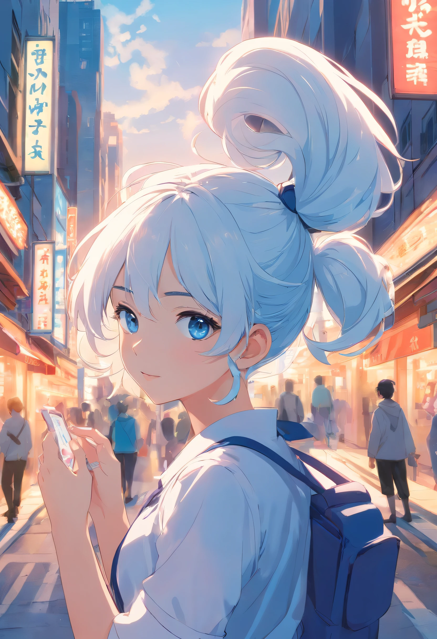 White color hair,Double ponytail curls,blue color eyes,White ta,Beth,A bustling city street