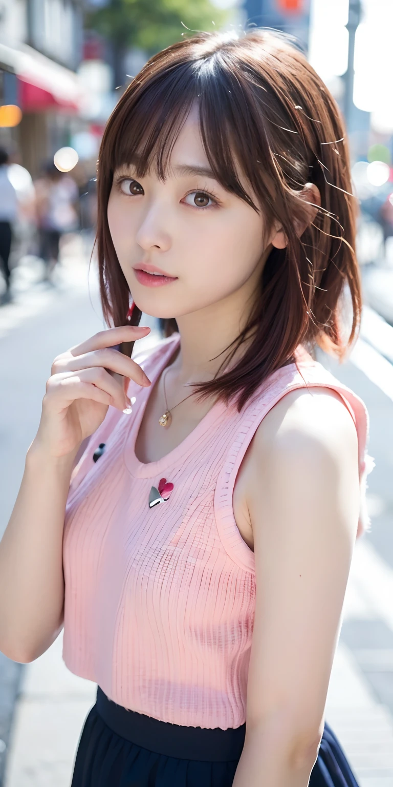 1人、Red hair、semi long hair、Loose and fluffy perm、on tokyo street、natta、A city scape、city light、The upper part of the body、a closeup、A smile、、(8K、Raw photography、top-quality、masterpiece:1.2)、(realisitic、photoRealstic:1.37)、Check Tank Top、Pink tank top、Red hair、Heart piercing、